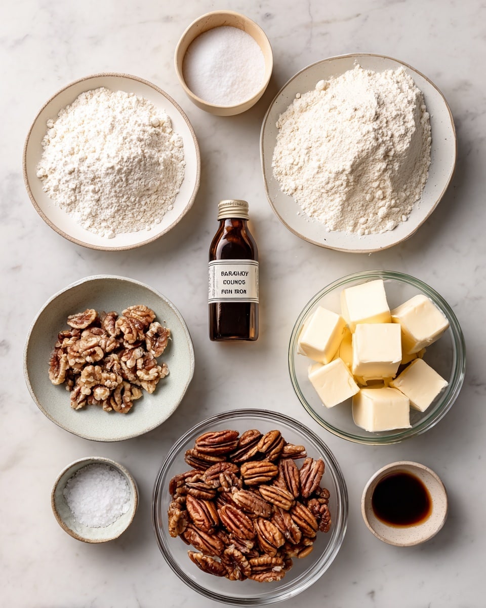 The image shows a top view of ingredients arranged neatly on a white marbled surface. There are seven containers: two white plates with white powder ingredients, labeled all-purpose flour and powdered sugar; a small light beige bowl with a small amount of salt; a clear glass bowl with vegan butter chunks which are pale yellow; another clear glass bowl filled with chopped pecans, showing different shades of brown and beige nuts; a tiny beige dish holding a dark brown liquid labeled vanilla; and a brown bottle labeled almond extract placed in the center. Each ingredient is clearly visible with natural light highlighting textures and colors brightly. photo taken with an iphone --ar 4:5 --v 7