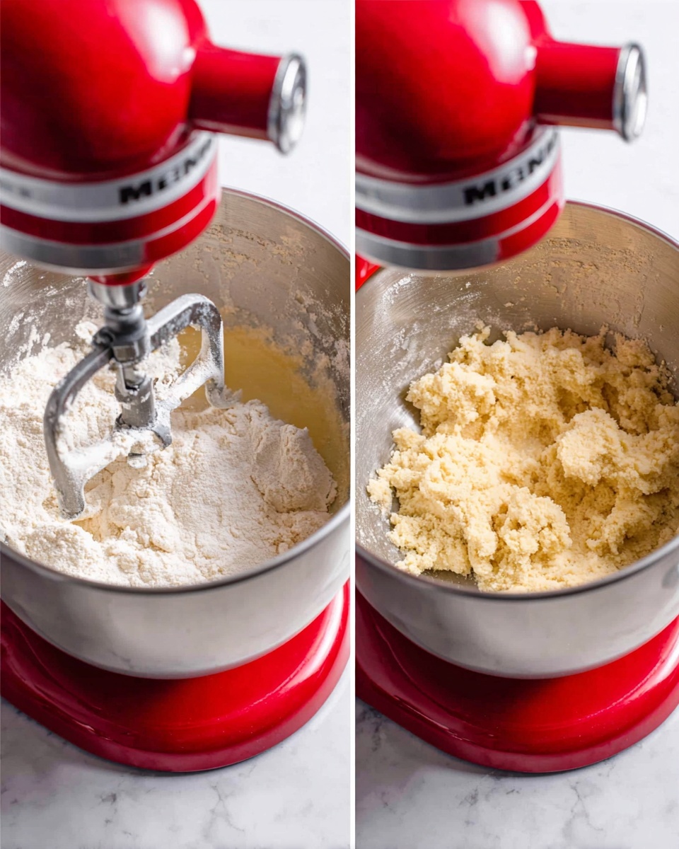 Cut-Out Sugar Cookies Recipe 4 Two close-up images show a red stand mixer with a silver mixing bowl on a white marbled surface. Inside the bowl, the dough is at two stages: in the left image, a layer of white flour sits on top of a yellowish dough mass with a flat beater attachment; in the right image, the flour has been mixed in, showing a crumbly, pale yellow dough forming clumps around the beater. The metal bowl reflects the dough textures and the vibrant red base of the mixer is bright and clean. Photo taken with an iphone --ar 4:5 --v 7
