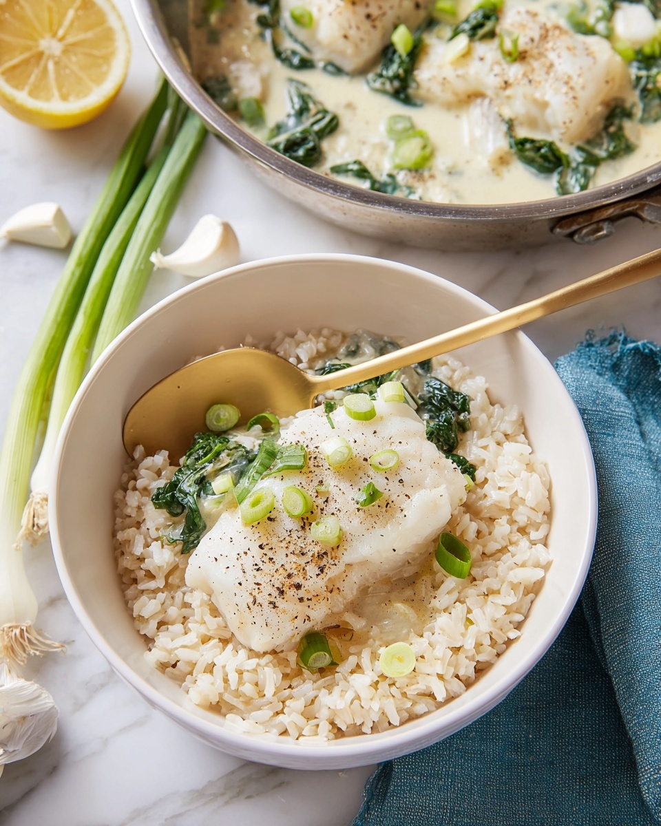 Creamy Lemon Garlic Cod Recipe 5 A white bowl sits on a white marbled surface, filled with two layers: the bottom layer is light beige cooked rice with a slightly grainy texture, and the top layer is a piece of white fish fillet, seasoned with black pepper and topped with small pieces of dark green leafy vegetables and sliced green onions. A golden spoon rests inside the bowl, leaning against the side. Nearby, there is a stainless steel pan holding more fish fillets in a light creamy sauce with green herbs, a lemon half, garlic cloves, green onions, and a blue cloth napkin partially visible to the right. Photo taken with an iphone --ar 4:5 --v 7