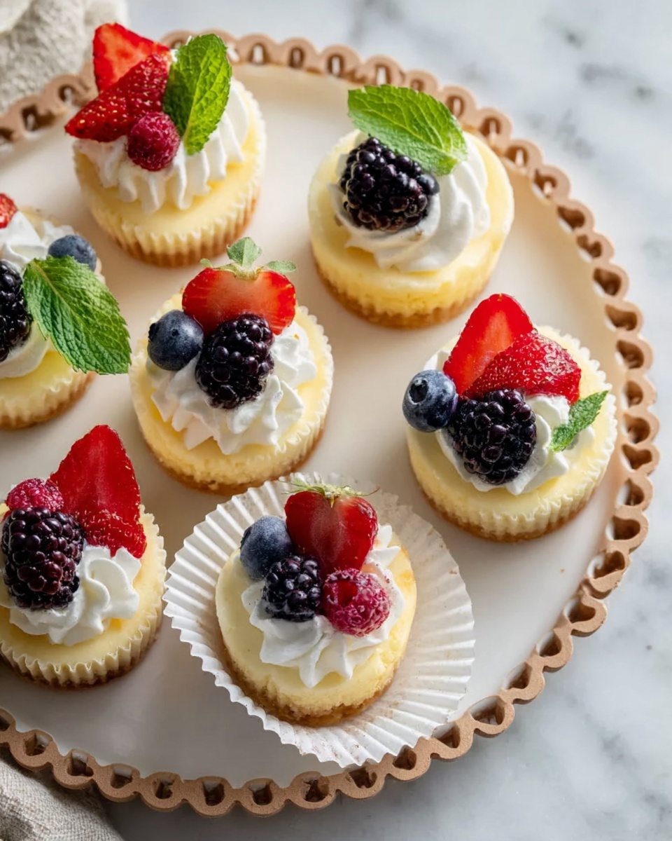 Mini Cheesecakes with Graham Cracker Crust Recipe 5 The image shows several mini cheesecakes with three layers: a light golden crust at the bottom, a smooth creamy yellow cheesecake middle layer, and a white whipped cream topping. Each mini cheesecake is decorated with fresh fruit on top, including red strawberries, dark blackberries, deep purple blueberries, and a small green mint leaf for color contrast. One mini cheesecake is shown with the white paper wrapper peeled back, revealing the same layers. These cheesecakes are arranged on a round white plate with a delicate brown scalloped edge, all placed on a white marbled surface. The colors are bright and fresh, with the white cream and plate making the fruit stand out. photo taken with an iphone --ar 4:5 --v 7