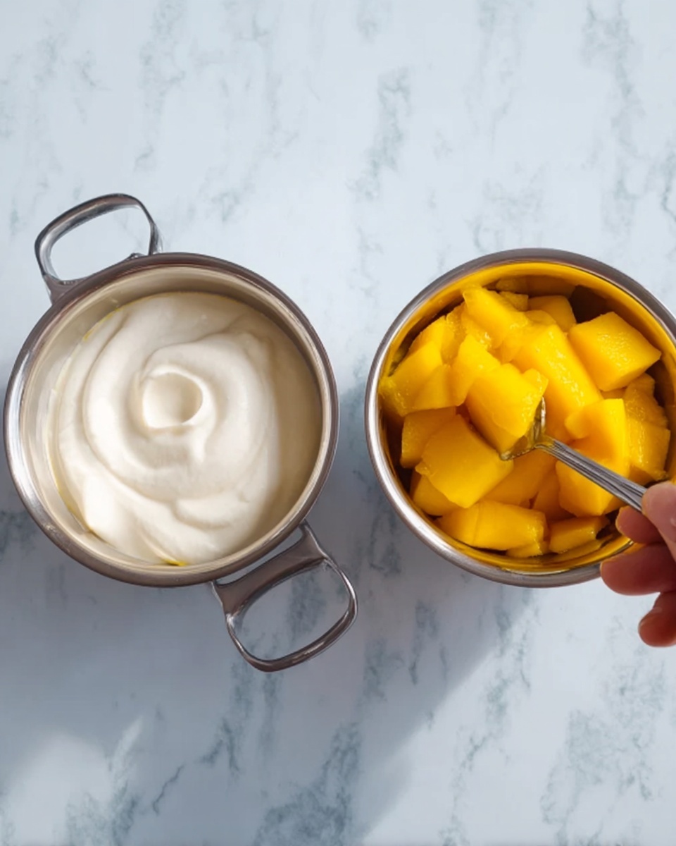 The image shows two small metal bowls placed side by side on a white marbled surface. The bowl on the left contains a smooth, creamy white mixture with a slight swirl pattern on top, while the bowl on the right is filled with bright yellow mango pieces that have a soft, slightly shiny texture. Both bowls have handles extending towards the bottom of the image. A woman's hand is holding a spoon dipping into the mango pieces in the right bowl. Photo taken with an iphone --ar 4:5 --v 7