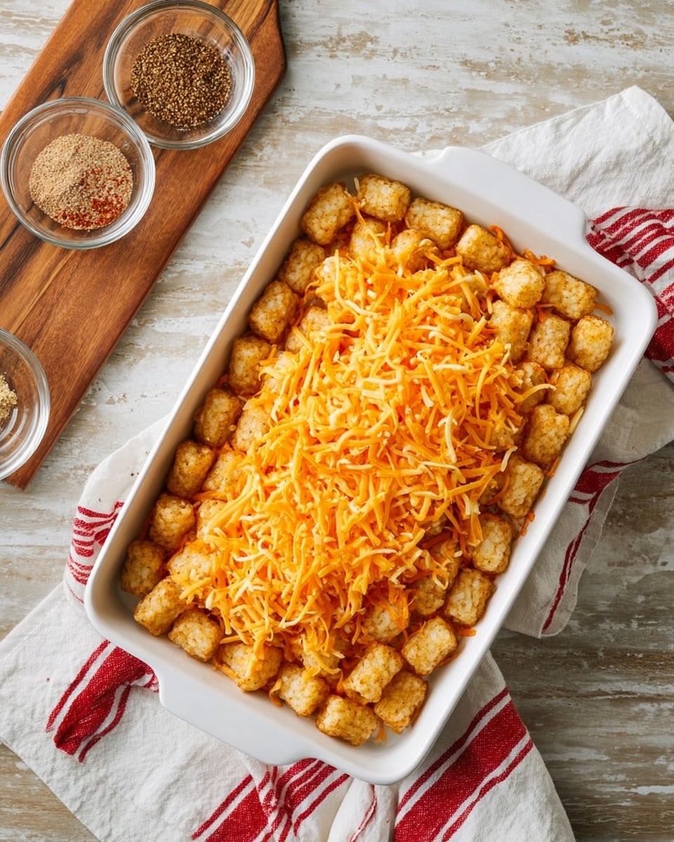 A white rectangular baking dish is filled with one layer of small, golden brown tater tots, topped evenly by a thick layer of shredded orange cheese scattered across the entire surface. The dish sits on a white marbled textured surface next to a wooden board holding two small bowls, one empty clear glass bowl and one with spices. A white cloth with red stripes lies partially under the baking dish. Photo taken with an iphone --ar 4:5 --v 7