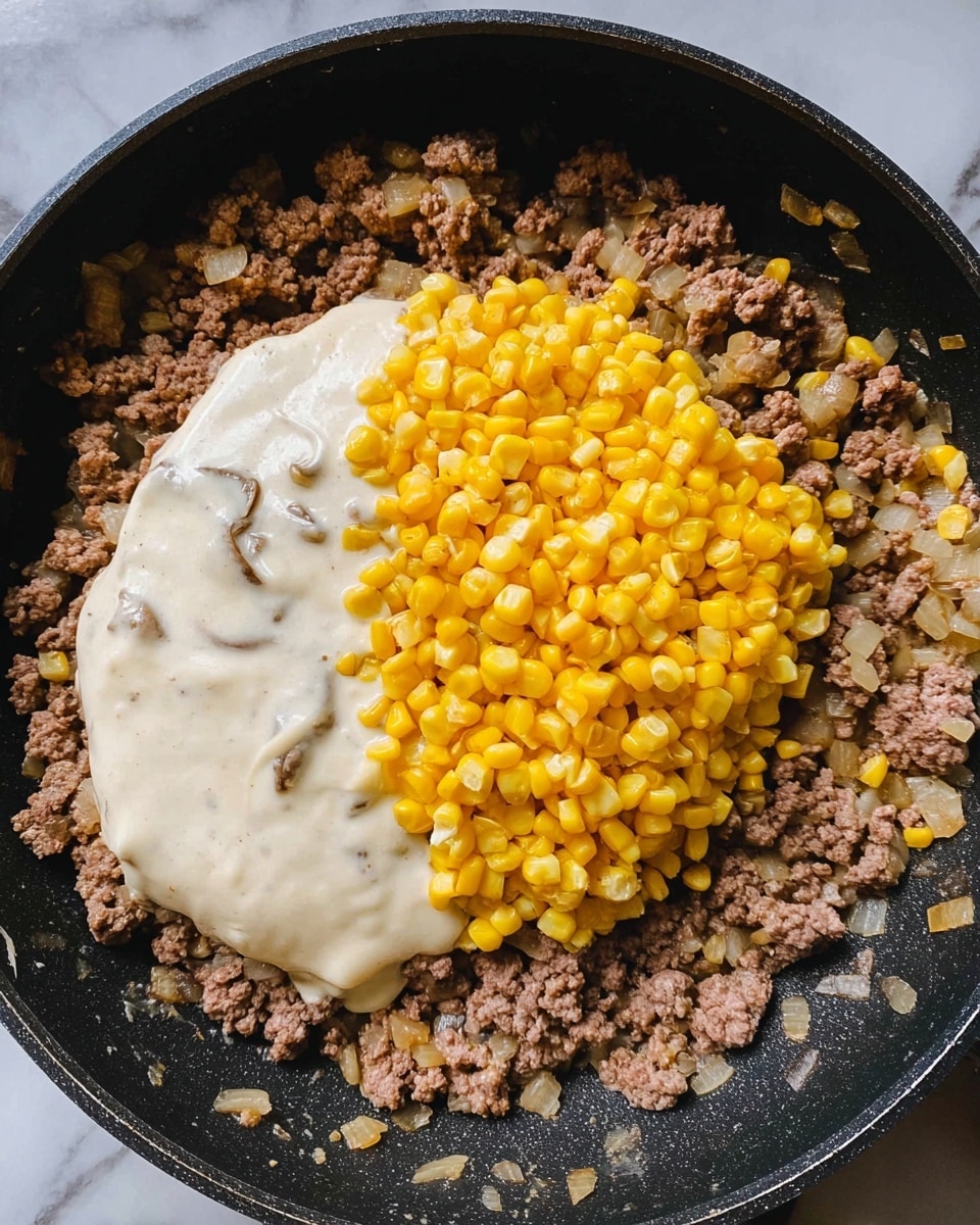 The image shows a close-up of a black frying pan with three main layers of food. The bottom layer is a mix of finely ground cooked meat and small chopped onions, brown and slightly soft in texture, spread across the pan. On top of this is a bright yellow pile of cooked corn kernels arranged in a neat mound at the center. The topmost layer is a thick, creamy white sauce with small bits of mushrooms, placed on one side of the corn. The pan rests on a white marbled surface. Photo taken with an iphone --ar 4:5 --v 7