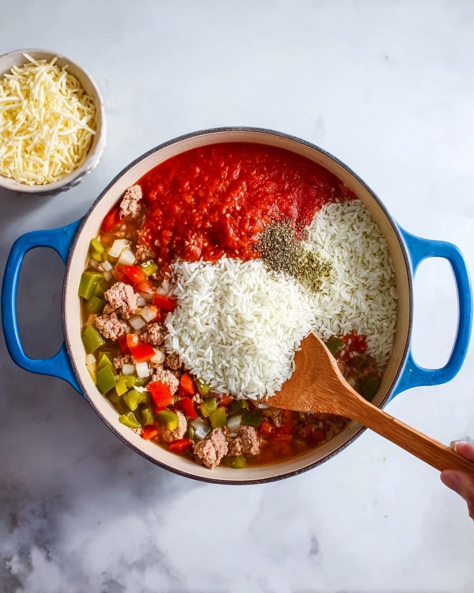 The image shows a blue cooking pot filled with several layers of ingredients. The bottom layer is cooked meat pieces mixed with chopped green, red, and yellow peppers along with diced onions, all sitting in a light broth. On top of this, there is a bright red layer of diced tomatoes and tomato sauce. Over part of this tomato layer, there is a pile of white uncooked rice. Some green and black spices are sprinkled on top of the peppers and meat. A wooden spoon is held above the pot by a woman's hand, lifting some of the rice. The pot is placed on a white marbled surface, and a small white bowl containing shredded cheese is nearby. photo taken with an iphone --ar 4:5 --v 7