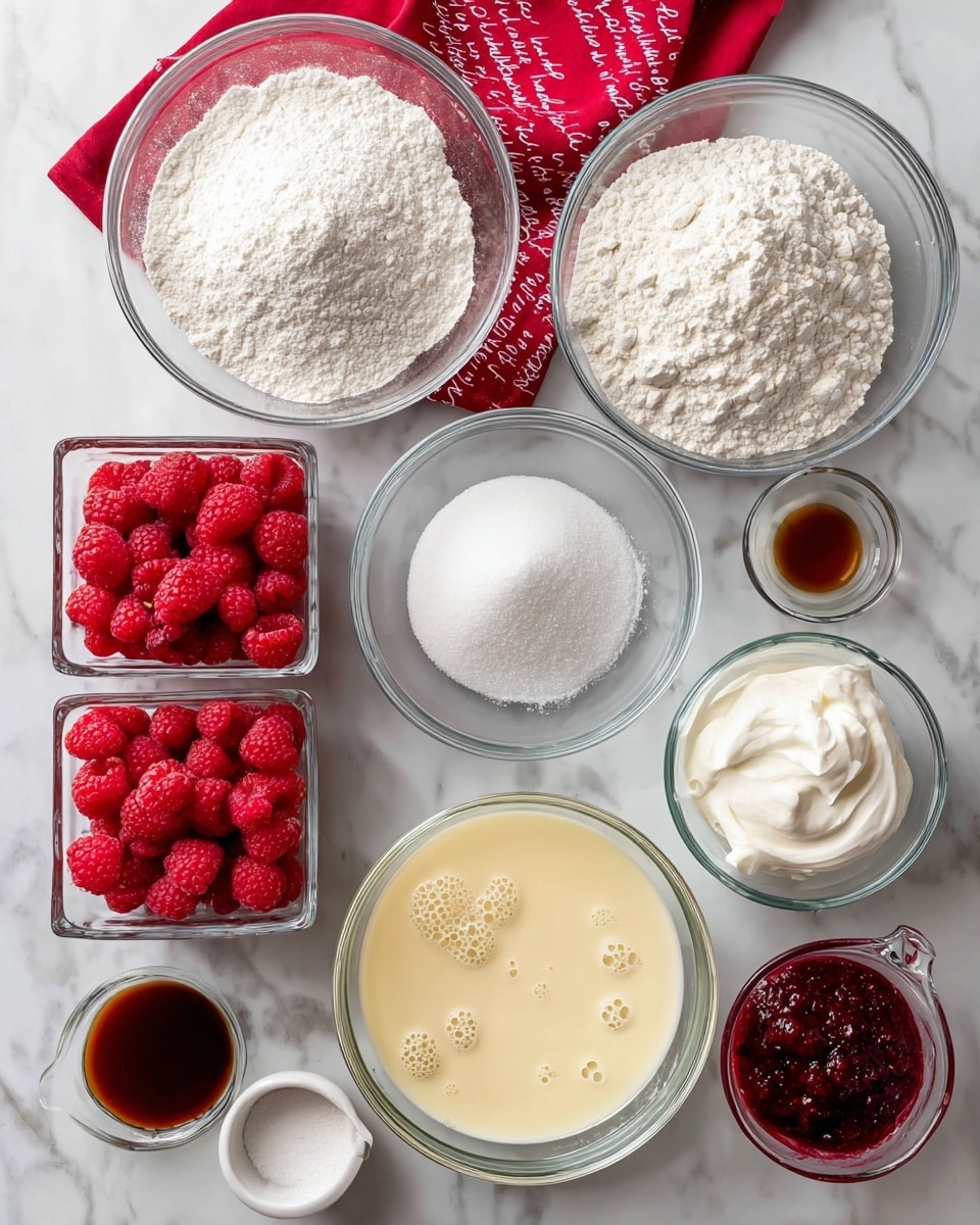 The image shows many clear glass bowls and containers arranged neatly on a white marbled surface, each filled with different baking ingredients. At the top center is a large clear bowl with white flour, to the right a smaller clear bowl with white sugar, below it a tiny clear bowl with salt, and next to that a tiny clear bowl with dark brown almond extract. In the middle is a large clear bowl holding pale yellow egg whites with bubbles on top. At the left side, there are two clear rectangular containers stacked vertically, filled with bright red raspberries. Below them is a small clear bowl with dark red raspberry fruit spread. To the right side, there is a clear measuring cup filled with white cream, next to it a small clear bowl of white powdered sugar, and above it a tiny clear bowl with vanilla extract. A red cloth with white writing is visible in the top left corner. photo taken with an iphone --ar 4:5 --v 7