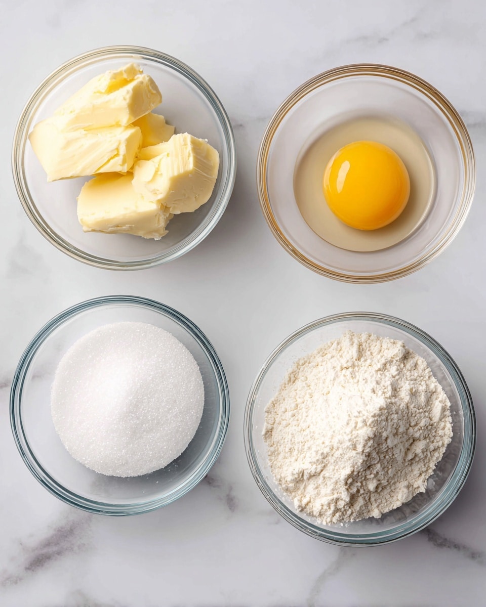 The image shows four clear glass bowls placed on a white marbled surface. The top right bowl holds one raw egg with a bright yellow yolk surrounded by clear egg white. The top left bowl contains a chunk of pale yellow butter with a smooth texture. The bottom left bowl is filled with fine white sugar, looking granulated and bright. The bottom right bowl is filled with a mix of white flour, baking soda, and salt, displaying a powdery texture with slightly uneven small lumps. Each bowl is labeled with black text above or beside it indicating its content. photo taken with an iphone --ar 4:5 --v 7