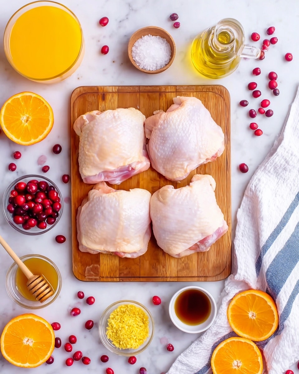 A wooden cutting board placed on a white marbled surface holds four raw chicken thighs arranged in two rows, two thighs per row, each showing pale pink skin. Surrounding the cutting board, there are various small glass bowls and containers: at the top left, one round bowl filled with bright orange juice and beside it, another with clear salt; to the right, a glass bottle with light golden oil and scattered red cranberries nearby. Below the board, there are three small glass bowls containing yellow grated ginger, orange zest, and minced garlic respectively, along with a small white bowl of honey with a yellow honey dipper resting on it, and a tiny bowl with dark soy sauce. Fresh orange halves and whole oranges are placed around the items, with some red cranberries scattered around, and a white towel with blue stripes is on the right side. photo taken with an iphone --ar 4:5 --v 7