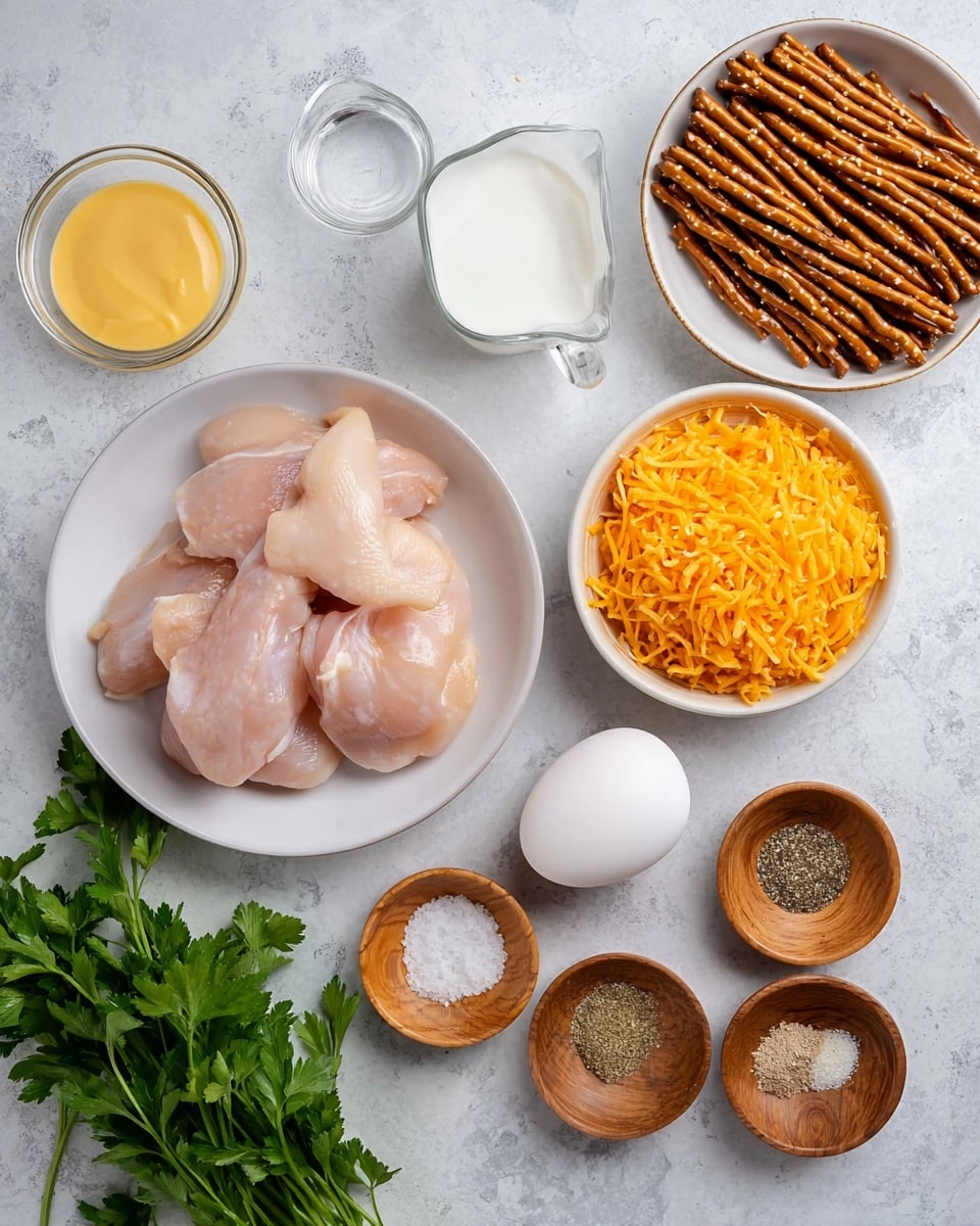 The image shows raw chicken pieces placed on a white plate, positioned near the center of a white marbled surface. To the right, there is a white bowl filled with bright orange shredded cheese, and next to it is a whole white egg and a small glass measuring cup with milk. Above the chicken, a white bowl contains long, thin brown pretzel sticks. Small wooden bowls hold various spices and seasonings, including salt, pepper, and a pale yellow herb powder, arranged around the chicken and cheese. On the left side, fresh green parsley leaves add a pop of color, and a small clear glass bowl with yellow mustard sits nearby. Photo taken with an iphone --ar 4:5 --v 7