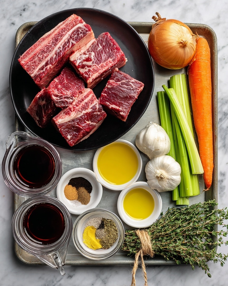 A top view of raw beef short ribs placed on a black round plate on the top left side of a metal tray with beef short ribs showing deep red and marbled white fat. To the right of the ribs are fresh aromatics including a whole orange carrot, a green celery stalk, a yellow onion, and three garlic cloves. Below the meat and aromatics, there are small white bowls containing yellow vegetable oil, dark brown pomegranate molasses, a mix of brown spices, and salt and pepper. On the lower left side of the tray, two clear glass measuring cups hold dark red wine and brown beef broth. A small bunch of green herbs with leaves and twine is on the bottom right of the tray. The tray is placed on a white marbled surface photo taken with an iphone --ar 4:5 --v 7