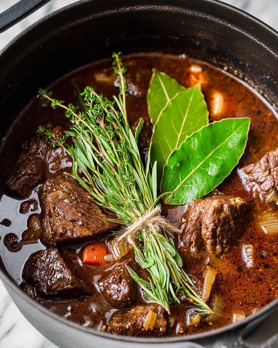 A close-up of a black pot filled with rich brown beef stew, showing cooked beef chunks with a browned crust submerged in a thick, dark broth with visible small pieces of onions and carrots. On top of the stew lies a tied bundle of fresh green herbs including rosemary and sage, along with two large, glossy bay leaves. The pot is placed on a white marbled surface. photo taken with an iphone --ar 4:5 --v 7