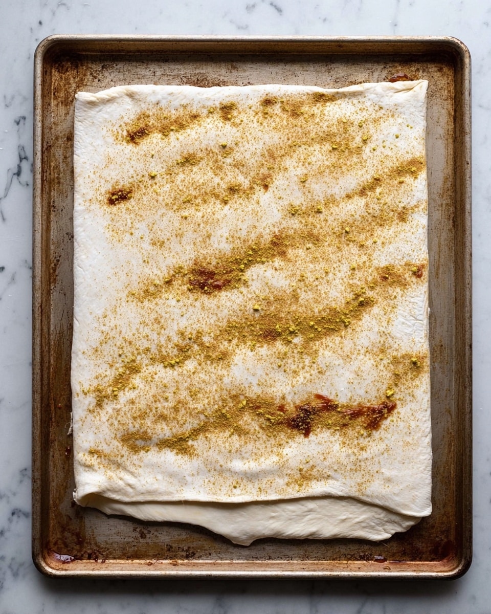 A large, thin, white sheet of dough laid flat on a worn metal baking tray, the dough's surface sprinkled unevenly with a powdery yellow spice blend. The bottom edge of the dough is gently folded up once, hiding part of the spice and some reddish-brown spots seen underneath, suggesting a thin layer of filling or sauce beneath the dough. The tray sits on a white marbled surface that contrasts with the darker metal underneath. Photo taken with an iphone --ar 4:5 --v 7