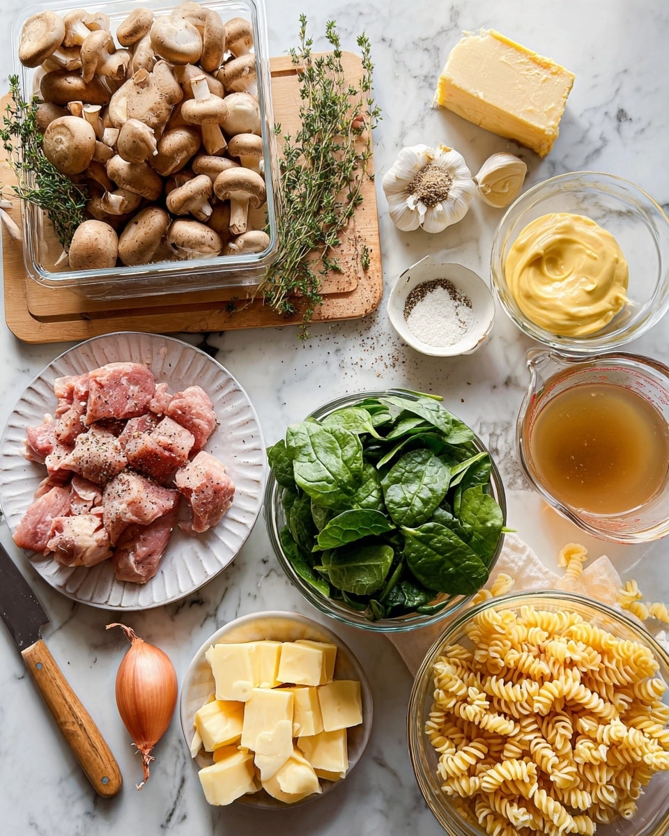 The image shows a collection of raw ingredients on a white marbled surface. Starting from the top left, there is a clear plastic container filled with whole light brown mushrooms, some of which are sliced and scattered on a wooden board beneath fresh sprigs of green thyme, a few garlic cloves, a chunk of yellow cheese, and a small bowl of white salt. To the top right is a small glass bowl with smooth yellow mustard. Below, in the center, there is a clear glass bowl filled with fresh bright green spinach leaves. To the left, a white plate holds chunks of raw pink meat sprinkled with black pepper and seasoning, next to a whole shallot. To the bottom right, a large clear glass bowl contains short twisted pasta in a pale yellow color. Beside it is a glass measuring cup filled with light brown broth, and a small clear bowl with several yellow cubes of butter. A knife with a wooden handle rests on the wooden board. Photo taken with an iphone --ar 4:5 --v 7
