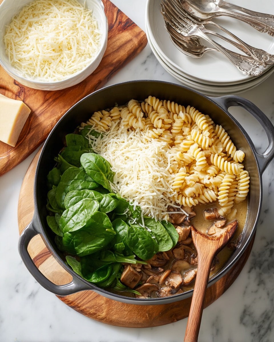 The image shows a black pot filled with a dish that has three main layers. At the bottom, there is a broth with visible pieces of cooked mushroom and chunks of meat. The middle layer consists of light yellow spiral pasta placed over the broth. The top layer has a large pile of fresh green spinach leaves on one side, and a generous heap of finely shredded white cheese on the other side. A wooden spoon rests inside the pot, partially covering the spinach and pasta. Nearby, there is a white bowl with more shredded cheese on a wooden board, and a set of stacked white plates along with silver cutlery are placed on a white marbled surface. photo taken with an iphone --ar 4:5 --v 7