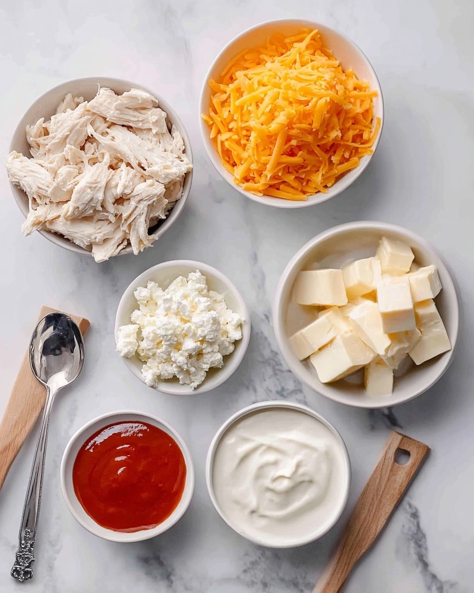 The image shows five small white bowls on a white marbled surface. One bowl contains pieces of cooked chicken that are white and shredded. Another bowl is filled with bright orange shredded cheddar cheese. A third bowl has white cream cheese, cut into block pieces. A small bowl holds a thick red buffalo sauce, and another bowl has white ranch dressing with a creamy texture. A silver spoon and a wooden spatula lie near the bowls. Photo taken with an iphone --ar 4:5 --v 7