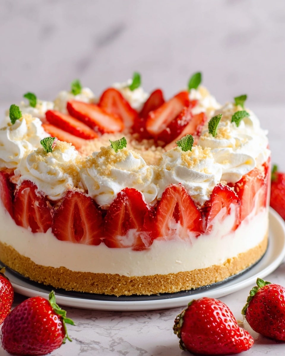 A round strawberry cheesecake with three clear layers is shown. The bottom layer is a golden, crumbly crust. Above that, a thick creamy white cheesecake layer is decorated on the sides by halved strawberries standing upright with their red flesh facing outward. The top layer has whipped cream dollops evenly spaced around the edge, each topped with halves of strawberries and small green mint leaves between them. In the center of the top layer is a light sprinkle of crumbled crust. The cake sits on a white plate on a surface with a white marbled texture, with whole and halved strawberries placed around the cake. Photo taken with an iphone --ar 4:5 --v 7