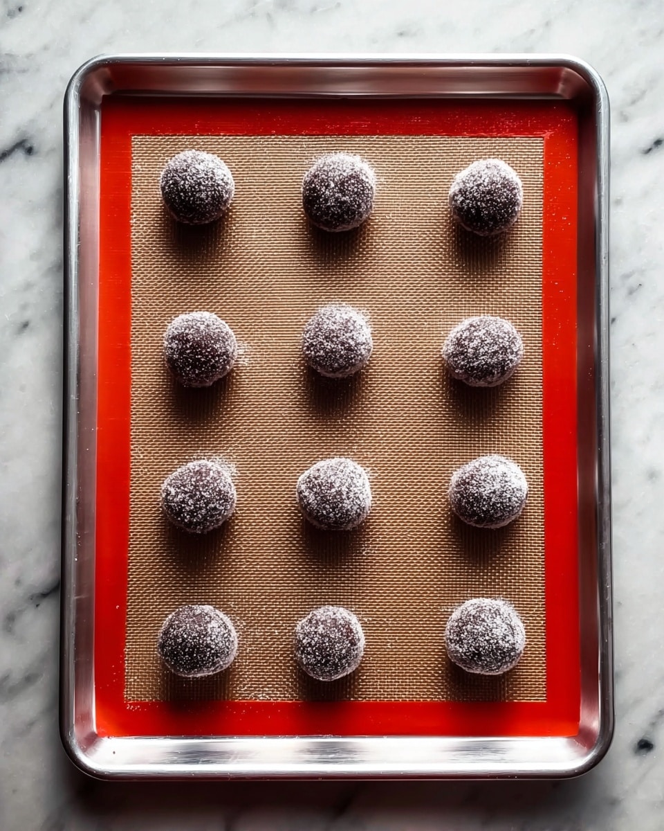 The image shows a silver metal baking tray with a red silicone mat inside. On the mat, there are nine round dough balls, each spaced evenly in a grid of three rows and three columns. The dough balls are dark brown and coated in a light dusting of white sugar, giving them a slightly rough texture. The tray is placed on a white marbled surface that contrasts with the dark color of the tray and dough balls. The lighting is natural and soft, highlighting the texture of both the mat and dough balls. photo taken with an iphone --ar 4:5 --v 7