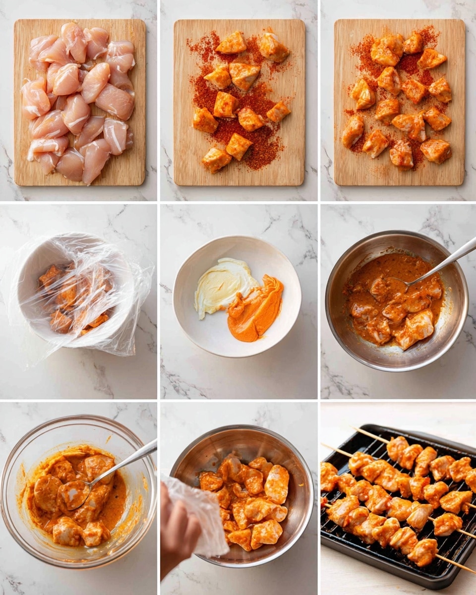 The image shows four steps of cooking grilled chicken skewers. The first part has several raw chicken pieces in light pink color threaded on wooden sticks, placed on black grill bars. The second part shows the chicken turning golden brown with dark grill marks while still on the grill. The third part displays cooked chicken skewers arranged on a white plate with the chicken now a warm orange-golden color with charred black marks. The fourth part shows the cooked skewers on the same white plate while a brush with orange sauce is spreading sauce on the chicken, adding a glossy texture. The background surface is white marble in all parts, photo taken with an iphone --ar 4:5 --v 7