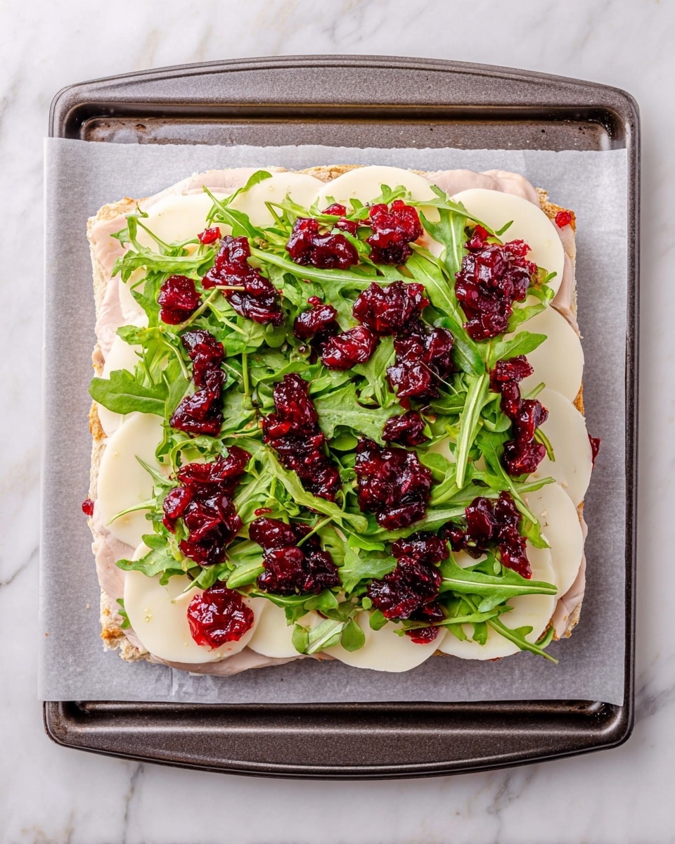 A square sandwich sits on white parchment paper on a dark metal baking tray over a white marbled surface. The sandwich has four clear layers visible from the top: the bottom layer is thinly sliced light turkey meat, topped by a layer of overlapping white cheese slices forming a nearly complete circle. On top of the cheese, there is a fresh green layer of arugula leaves scattered evenly. The final layer is scattered dollops of bright red cranberry sauce, spread unevenly over the arugula, creating a colorful contrast. Photo taken with an iphone --ar 4:5 --v 7