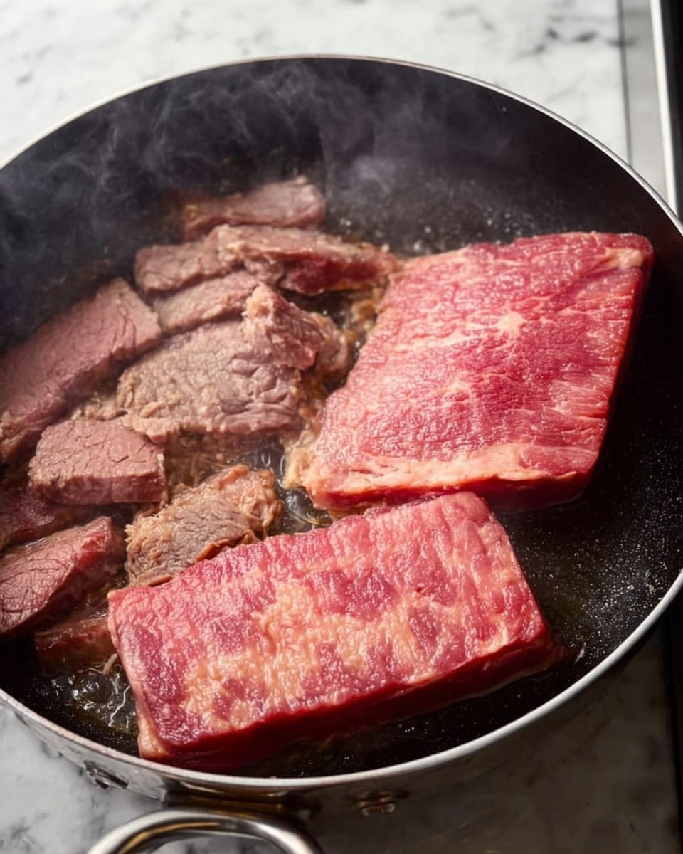 The image shows a close-up of a black pan with two large, rectangular raw pink meat slices lying flat on the right side, while thin, cooked slices of brownish meat are spread unevenly around the left side of the pan. The cooked meat pieces have irregular shapes and rough textures, contrasting with the smooth, solid look of the raw meat. Light steam rises from the cooking meat, and the pan's silver rim is partly visible. The background surface is a white marbled texture. photo taken with an iphone --ar 4:5 --v 7