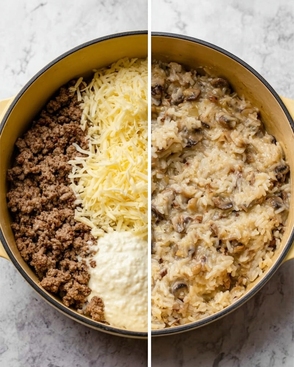 The image shows a two-part view of food cooking in a yellow pot set on a white marbled surface. The left side shows five separate layers inside the pot: cooked ground meat in dark brown on the top right, shredded pale yellow cheese on the bottom left, creamy white sauce or sour cream on both right and center sections, and cooked rice with mushrooms in light beige filling the bottom center and left. The right side of the image shows everything fully mixed together, forming a creamy, chunky texture of light brown with bits of darker brown and white spread evenly throughout the pot. Photo taken with an iphone --ar 4:5 --v 7