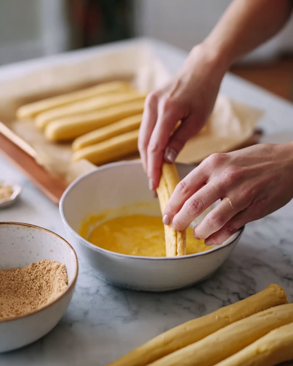A woman's hands are rolling a long, light yellow stick of food into a shallow, round white bowl filled with a beaten yellow egg mixture. Another similar white bowl is nearby, containing a light brown, powdery coating. In the background, multiple rolled sticks lie on parchment paper over a white marbled surface. The scene shows a close-up of the hands preparing the sticks for cooking, with soft natural light and a calm kitchen setting. photo taken with an iphone --ar 4:5 --v 7
