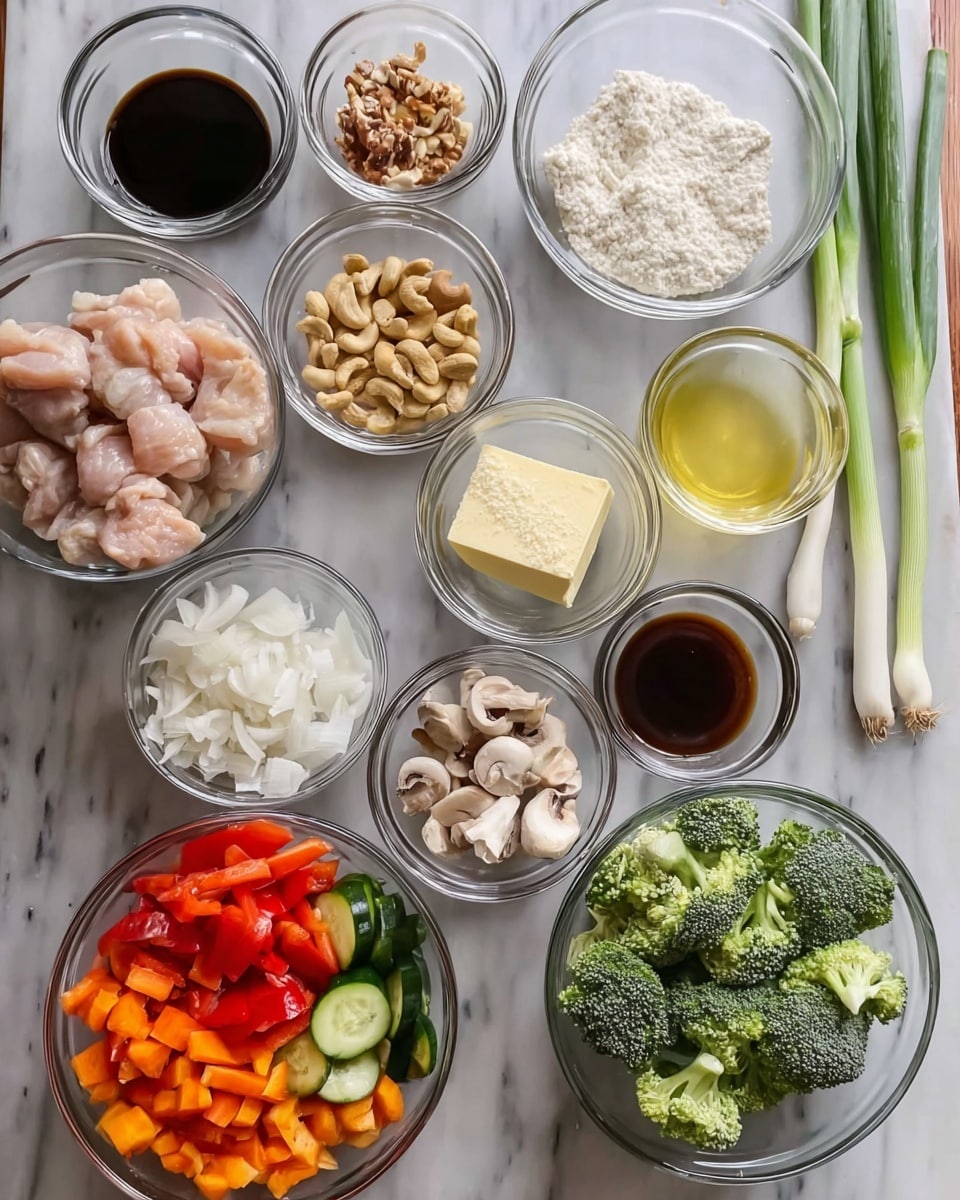 The image shows multiple clear glass bowls arranged neatly on a white marbled surface. Each bowl contains different ingredients: one with light pink chicken pieces, one with dark soy sauce, one with white diced onions, one with light brown cashew nuts, one with white flour, one with yellow ginger paste, one with a white cube of butter in clear oil, and another with clear water. There is also a bowl of mixed colorful chopped vegetables including red bell peppers, orange carrots, green zucchini, and red chili, and another bowl containing green broccoli and sliced white mushrooms. Two green onion stalks lie on the white marbled surface beside the bowls. photo taken with an iphone --ar 4:5 --v 7