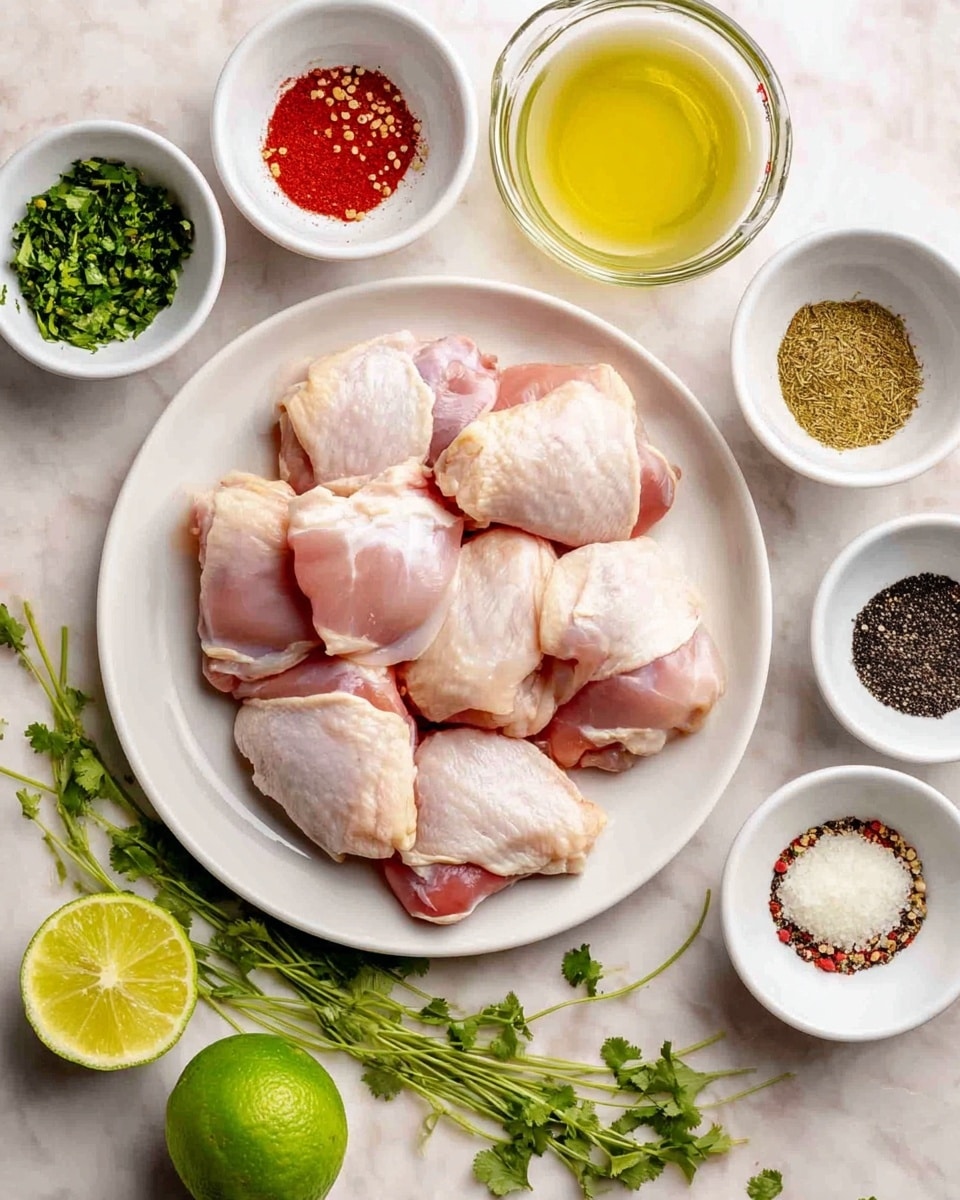 The image shows eight pieces of raw chicken thighs arranged on a white plate at the center. Surrounding the plate are small white bowls and a clear measuring cup filled with different ingredients: one bowl has chopped green herbs, another has minced garlic, and several others contain various spices in red, black, white, and brown colors. There is also a whole lime and a half lime near the bottom of the image, with a small white bowl holding a light yellow liquid. Fresh green herb sprigs are scattered around the white marbled surface beneath the items. photo taken with an iphone --ar 4:5 --v 7