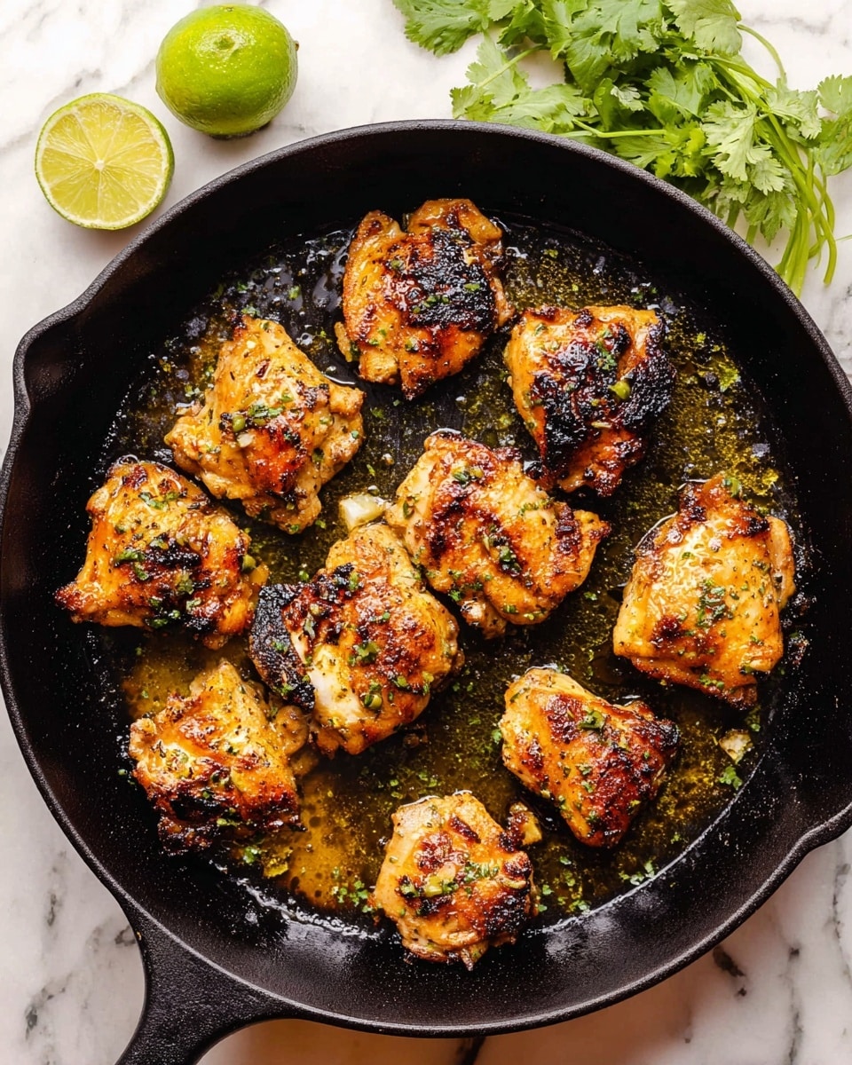 A black cast iron pan holds eight pieces of golden brown cooked chicken, each piece showing crispy edges and slight char marks, with small bits of herbs and spices visible on the surface. The pan has oil glistening and bubbling around the chicken. Around the pan, green cilantro leaves and a whole lime alongside a half lime with a bright green, juicy inside are placed on a white marbled surface. Photo taken with an iphone --ar 4:5 --v 7