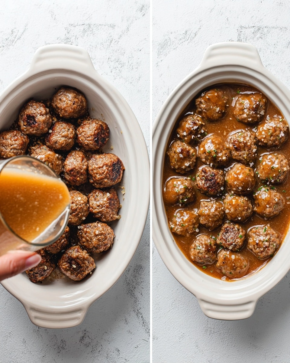 The image shows two white oval ceramic dishes side by side on a white marbled surface. The dish on the left is filled with round browned meatballs stacked closely together, and a woman's hand in the lower left corner is pouring a brown gravy with small bits into the dish. The dish on the right has similar meatballs now mostly covered in the brown gravy, with the meatballs partially visible above the sauce layer. The meatballs have a slightly rough texture with some green herbs visible. Photo taken with an iphone --ar 4:5 --v 7