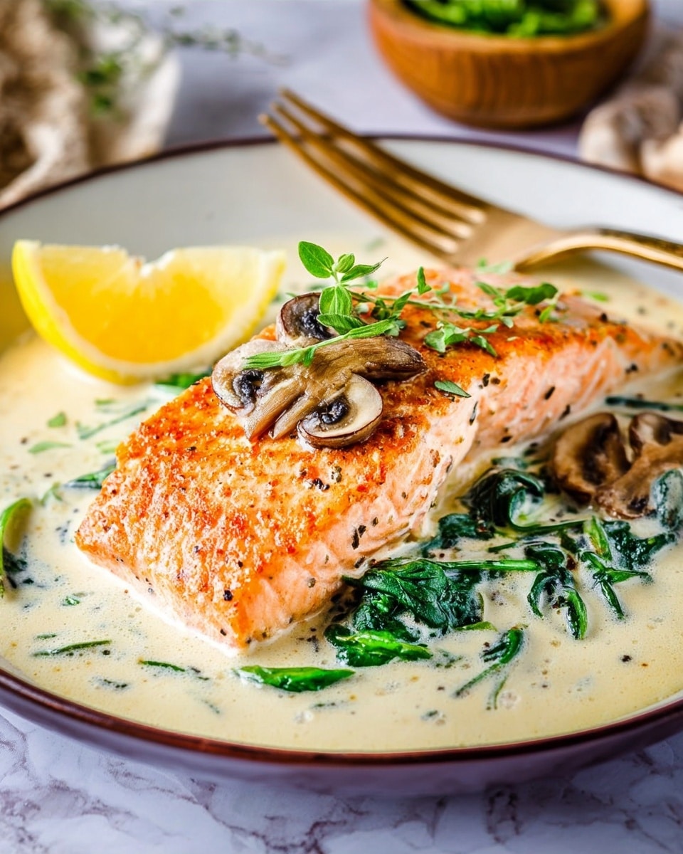 A white plate with a cooked salmon fillet in the center, light orange with a slightly crispy texture on top, garnished with a small sprig of green herbs and a slice of mushroom on it. Underneath the salmon, there are fresh green spinach leaves in a creamy white sauce that fills the bottom of the plate. On the left side of the salmon, there is a bright yellow lemon wedge resting on the sauce. A wooden fork is placed behind the salmon on the plate, with a white marbled surface as the background. Photo taken with an iphone --ar 4:5 --v 7