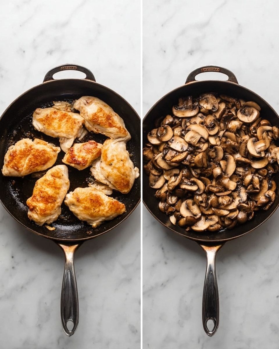 The image shows two round black pans with handles placed side by side on a white marbled surface. The left pan contains four cooked pieces of golden brown chicken arranged evenly, each piece having a slightly crisp surface with a warm color tone. The right pan is filled with many small sliced mushrooms that have a soft light brown color with some darker cooked parts, spread out to cover the pan base evenly. Both pans have a slightly shiny, oily texture showing some cooking residue. Photo taken with an iphone --ar 4:5 --v 7
