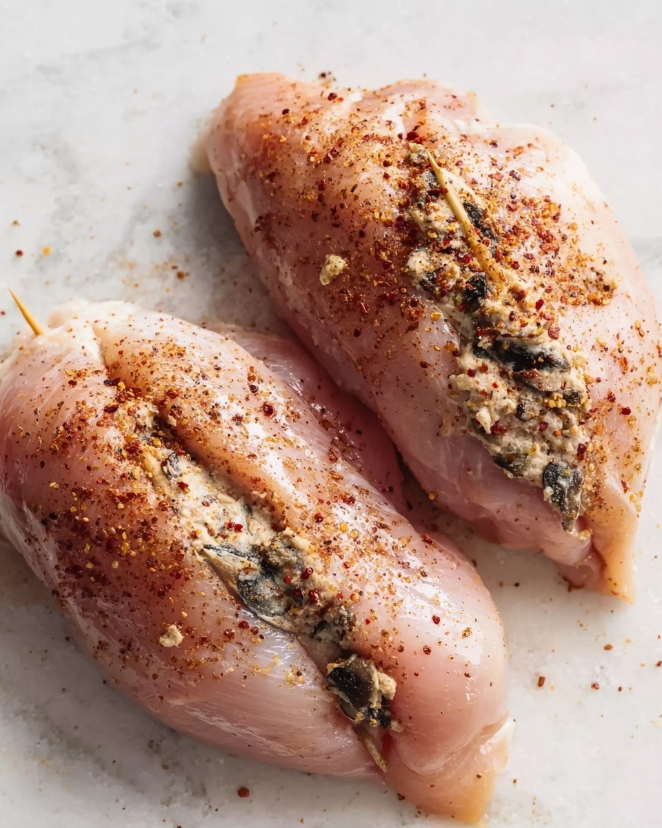 The image shows two raw chicken fillets on a white marbled surface. Each fillet has a deep slit filled with a creamy mixture that includes dark bits that look like mushrooms. The chicken is sprinkled with red and black spices, creating a speckled effect across the smooth, pale pink flesh. Toothpicks hold the filling inside the slits, and the surface looks moist and fresh. The overall look is simple and natural, with the chicken fillets placed close together. Photo taken with an iphone --ar 4:5 --v 7