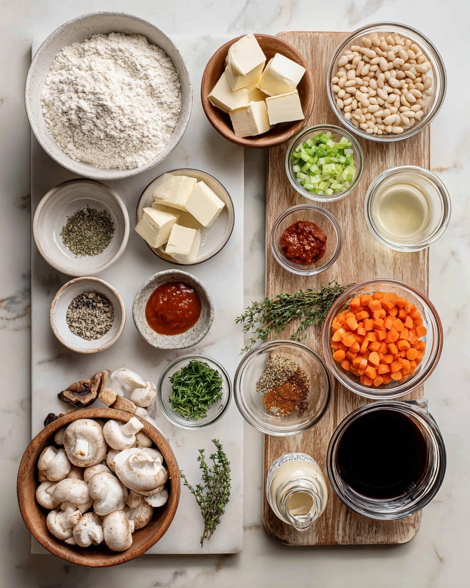 The image shows two sets of ingredients neatly arranged on a white marbled texture, presented in small bowls and containers. On the left side, there is one large white bowl filled with white all-purpose flour, a small wooden bowl holding light cream-colored vegan butter cubes, a tiny ceramic bowl containing white baking powder, a jar of off-white soy milk, a small wooden dish with dried green parsley, and a small white bowl with salt and black pepper mix. On the right side, ingredients are placed on a metal tray: a clear glass bowl with light beige cannellini beans, a medium sized glass bowl with sliced orange carrots, a small wooden bowl with dark red tomato paste, a small ceramic dish with a white and black salt and pepper mix, a small wooden bowl with green dried parsley, a clear glass bowl filled with chopped pale green celery, a small clear glass bowl holding white chopped onions, another small ceramic bowl with pale chopped garlic, standing beside fresh green thyme sprigs, dark brown vegan Worcestershire sauce in a tiny bowl, golden olive oil in a small clear bowl, and a larger glass jug of dark vegetable broth; fresh mushrooms with a mix of white and beige caps are also in a clear medium bowl. The setup is clean and visually balanced, with labels above each ingredient. Photo taken with an iphone --ar 4:5 --v 7