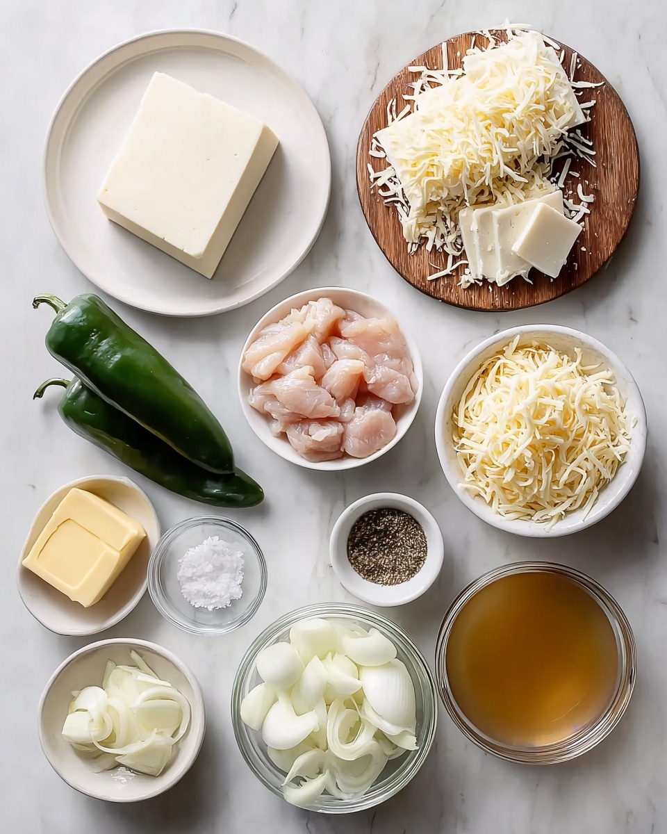 Chile Relleno Soup Recipe 4 The image shows a flat lay of cooking ingredients arranged on a white marbled surface. In the top left, there is a white plate holding a solid block of white cheese. Beside it, on a small wooden board, there are several slices of white cheese topped with a small pile of shredded white cheese. Below this board is a white bowl filled with small pieces of raw light pink chicken. To the left of the chicken are two dark green peppers placed side by side. Below the peppers is a white bowl containing peeled white onion pieces. Near the center, slightly towards the left, is a clear glass bowl full of shredded pale yellow cheese. Around this bowl are three small round bowls—one with a cube of light yellow butter, one with clear white salt, and one with ground black pepper. Near the chicken bowl, there is another small white bowl with a mix of black and white pepper, and next to it, a clear glass bowl filled with light brown broth. photo taken with an iphone --ar 4:5 --v 7