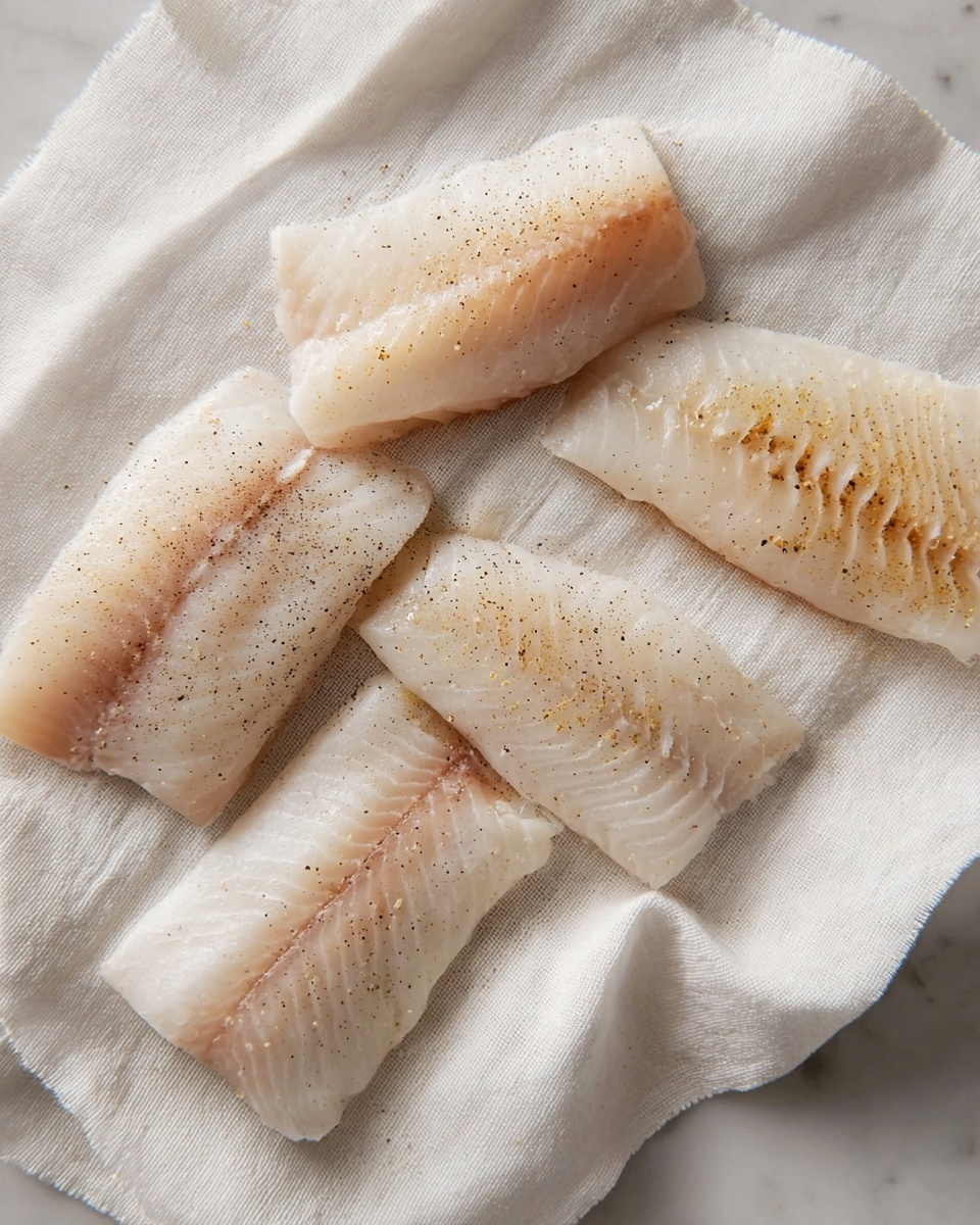 Creamy Lemon Garlic Cod Recipe 4 Five pieces of raw white fish fillets lie flat on a white cloth with soft folds, each sprinkled lightly with black pepper and a touch of golden seasoning. The fish fillets have a smooth, slightly translucent texture with faint pink and beige shades visible through the white flesh. The fillet on the top right has a pattern of small cuts along one edge. The white cloth beneath them shows gentle creases and wraps the fillets closely, all placed on a white marbled surface. Photo taken with an iphone --ar 4:5 --v 7
