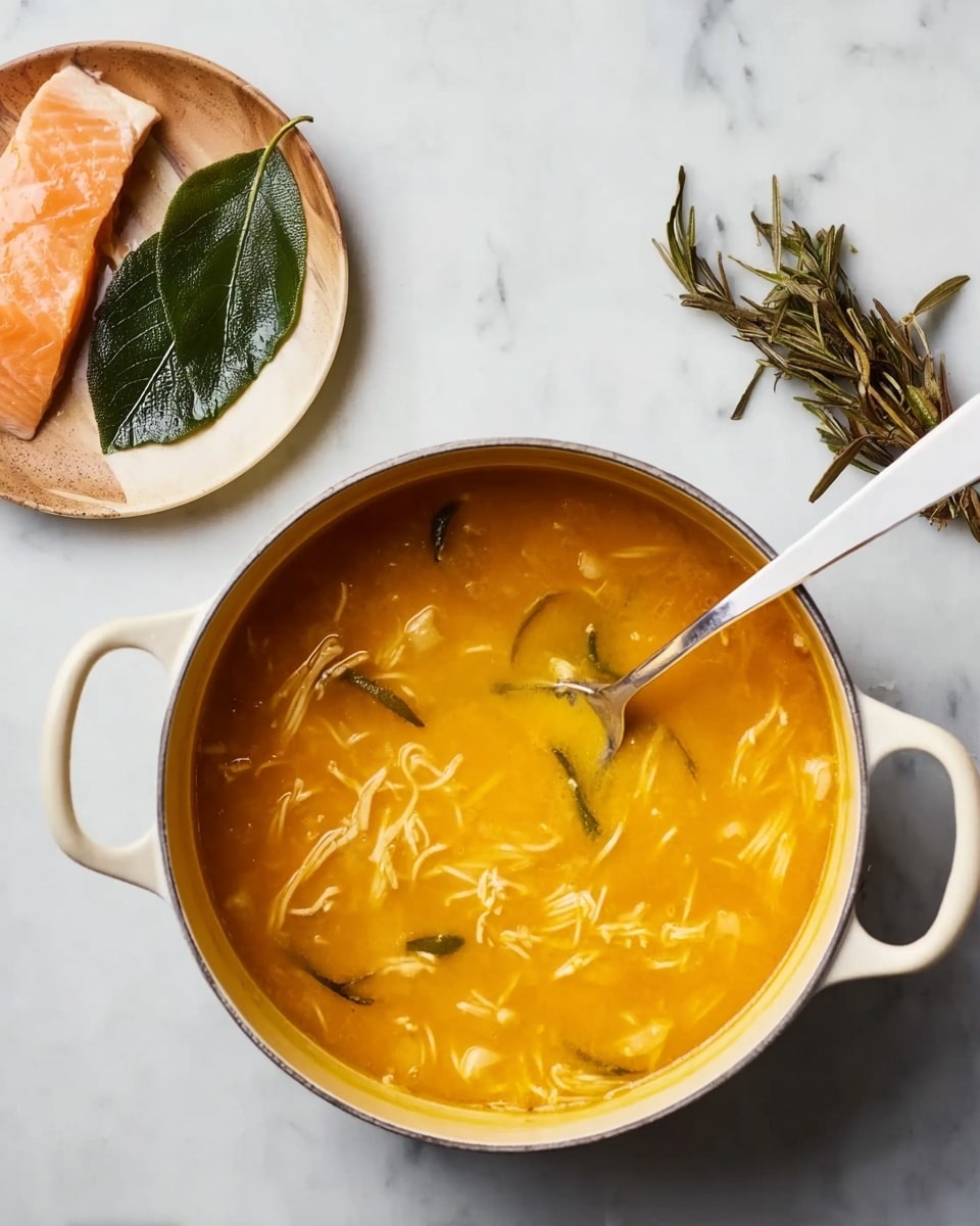 A pot filled with yellow-orange soup that has thin white shredded pieces floating inside, with a white spoon resting in the pot's right side. Next to the pot is a white wooden plate with a small piece of cooked salmon, a large green bay leaf, and some dried rosemary stems. All items are placed on a white marbled surface. photo taken with an iphone --ar 4:5 --v 7