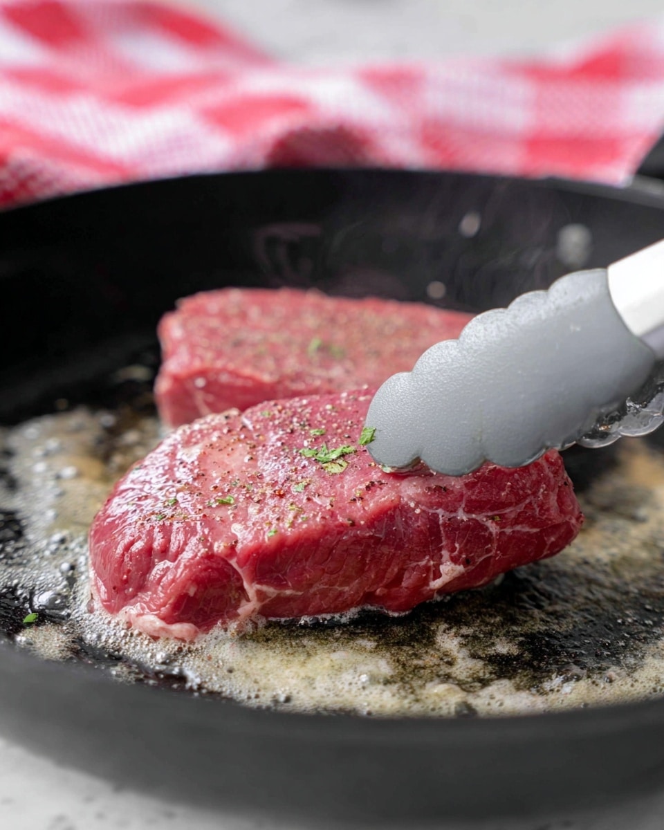The image shows two raw, pink meat pieces with light marbling and seasoning on their surfaces, lying in a black frying pan with melted butter bubbling around them. One piece is being lifted by a gray tong, showing the textured meat and gentle steam rising from it. The background features a red-and-white checkered cloth slightly blurred behind the pan, all set on a white marbled surface. photo taken with an iphone --ar 4:5 --v 7
