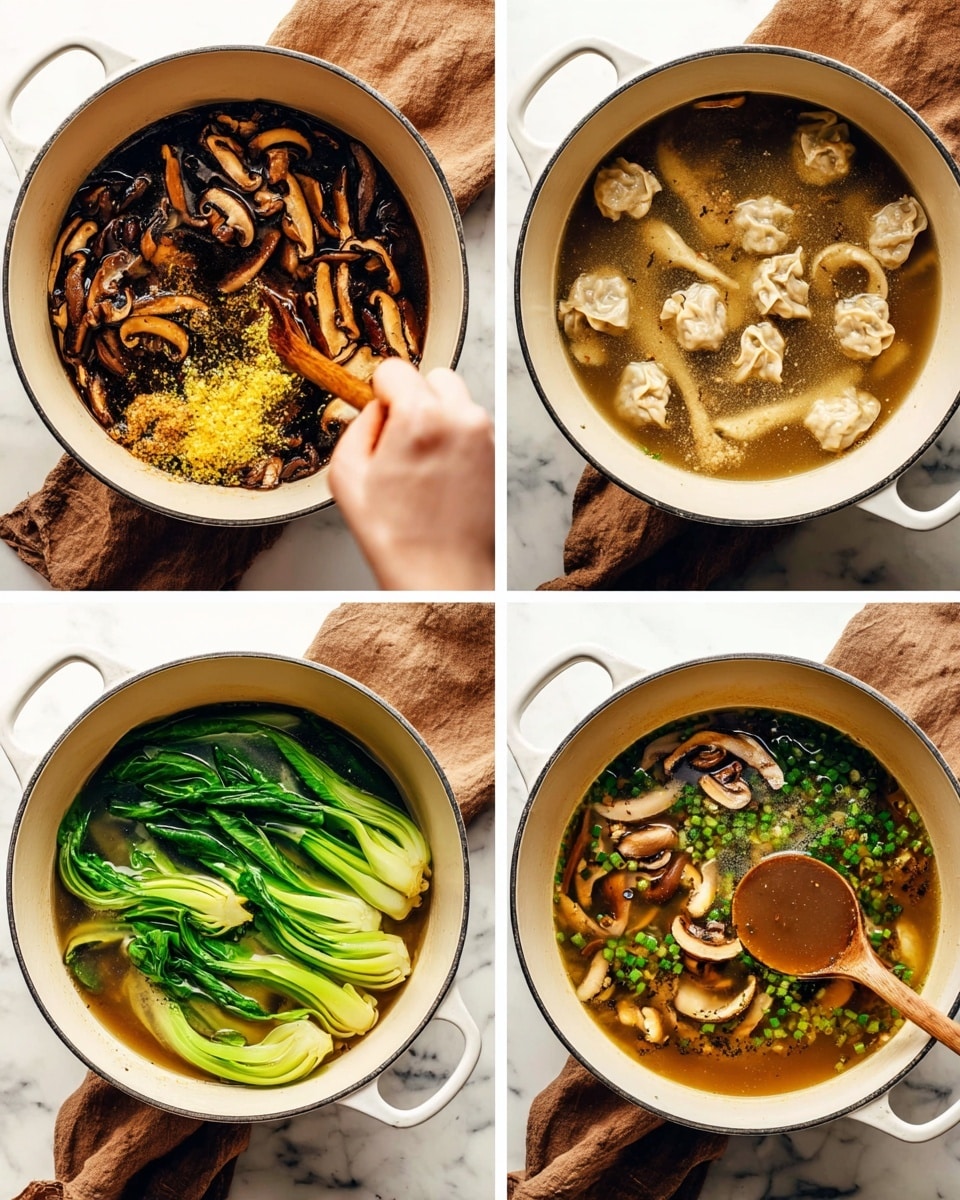 The image shows four stages of making a soup in a white pot on a white marbled surface with a brown cloth nearby. The first stage has dark brown sliced mushrooms and bright yellow minced ginger in the pot, with a woman's hand stirring with a wooden spoon. The second stage shows a light liquid being poured into the pot over the mushrooms and ginger, with the wooden spoon still inside. The third stage has light beige dumplings, green bok choy leaves, finely chopped green onions, and the cooked mushrooms all sitting in a clear brown broth. The fourth stage shows the soup fully mixed with a ladle inside, highlighting the dumplings, bok choy, mushrooms, and chopped green onions floating in the broth, some black pepper is visible on top. Photo taken with an iphone --ar 4:5 --v 7