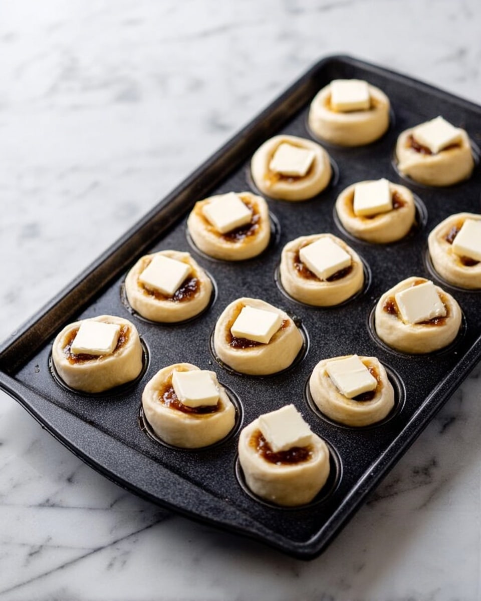 A dark metal baking tray holds twelve small round rolls lined evenly in three rows. Each roll has a light beige dough layer wrapped around a filling that looks sticky and dark brown, with a small square of white butter placed on top of each one. The tray is set on a white marbled surface with soft grey veins. The lighting is bright and natural, showing details of the dough texture and shiny butter pieces. photo taken with an iphone --ar 4:5 --v 7