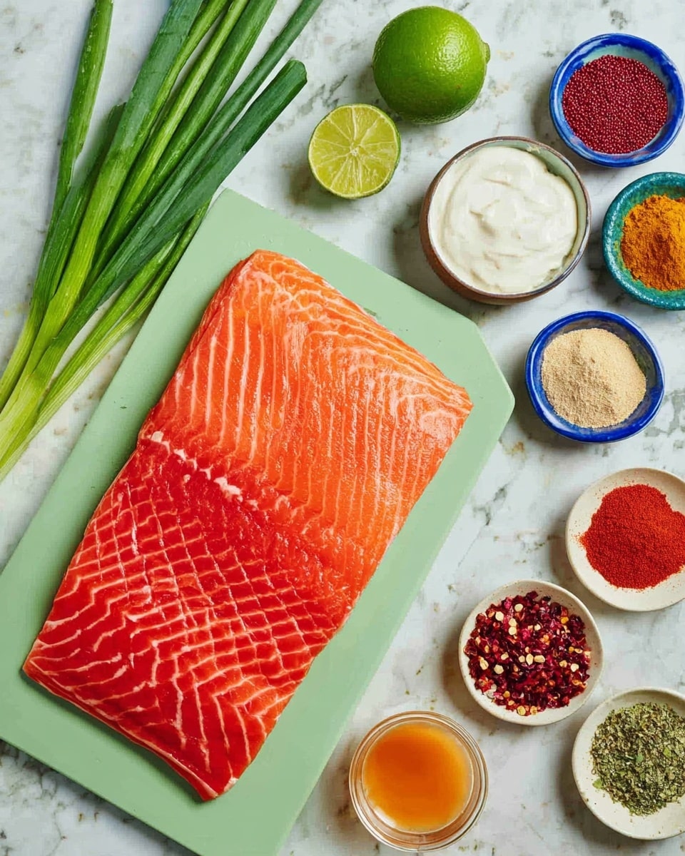 The image shows a large piece of bright orange salmon fillet with white stripes, placed on a pale green cutting board in the center. Around the salmon, on a white marbled surface, there are two whole green onions with long green stalks lying to the left, and a whole lime with two lime halves above the fish. Small white and blue bowls are arranged on the right side, filled with various spices and sauces: a white creamy sauce, a bright red paste, golden brown powder, light beige powder, red chili flakes, dark red spice, vibrant red powder, a small cup of orange liquid, and a mixture of salt and pepper. photo taken with an iphone --ar 4:5 --v 7