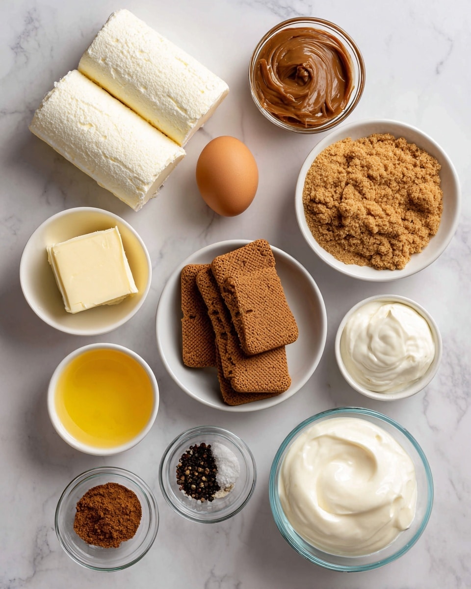 The image shows ingredients for a dessert recipe neatly arranged on a white marbled surface. There are two white rolls of cream cheese placed together on the top left, with two brown eggs positioned side by side nearby. A small clear bowl of smooth brown biscoff spread is at the top right, with a white bowl full of light brown, crumbly brown sugar underneath it. Below the sugar sits a white bowl filled with fine, darker brown biscoff crumbs. A handful of four rectangular biscoff cookies is placed near the center-right. In the middle left, there is a small clear bowl of melted yellow butter, next to a small white bowl containing dark speculoos spices. A medium clear bowl of smooth, white sour cream is centered below the cream cheese, next to another small clear bowl filled with fresh white cream. The ingredients are spaced evenly in a clean and organized layout. Photo taken with an iphone --ar 4:5 --v 7