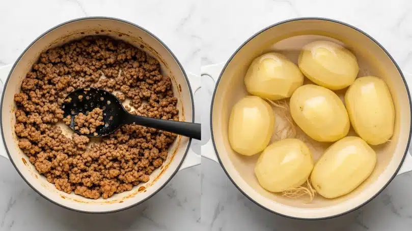 The image shows two side-by-side overhead views: on the left, a white pot filled with cooked ground meat that is crumbly and brown with a black slotted spoon resting inside, the texture looking slightly dry and uneven; on the right, a white pot filled with water and several peeled, large pale yellow potato chunks partially submerged, the water clear and the potatoes smooth with some root ends visible. Both pots are placed on a white marbled surface. photo taken with an iphone --ar 4:5 --v 7