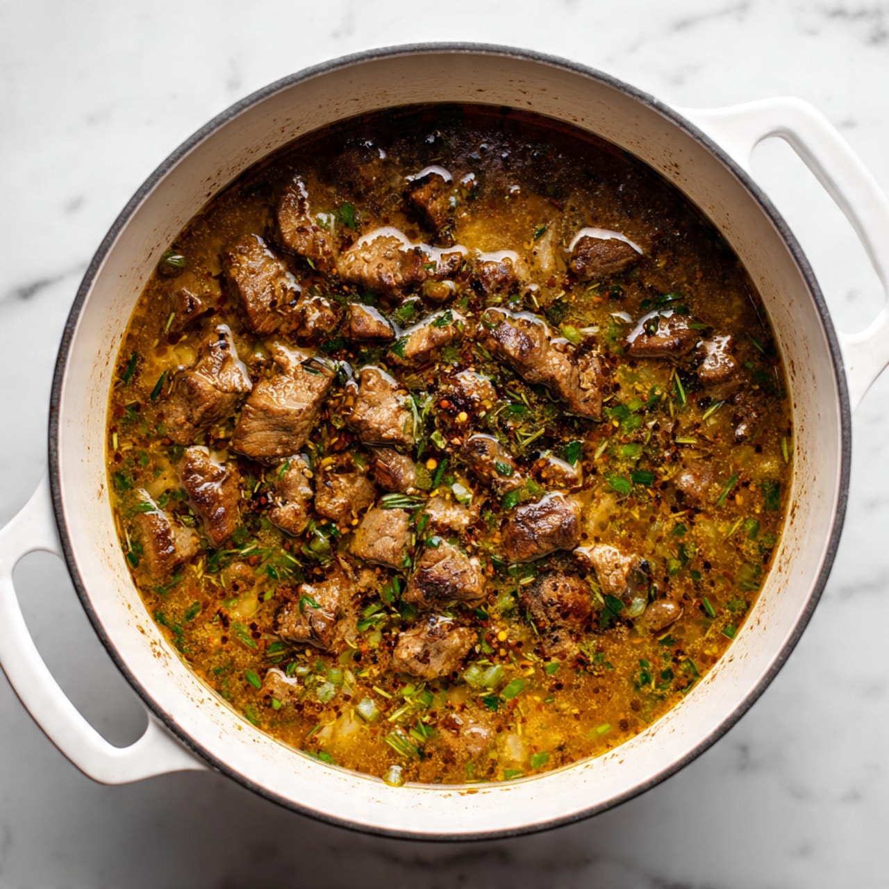 The image shows a large white pot with two layers inside. The bottom layer is a light brown broth with herbs and small pieces of green vegetables floating in it, giving it a slightly textured look. On top of this broth, in the second layer, there are many small chunks of cooked brown meat scattered unevenly, some partially dipped in the broth, with a moist and tender texture. The pot sits on a white marbled surface. photo taken with an iphone --ar 4:5 --v 7