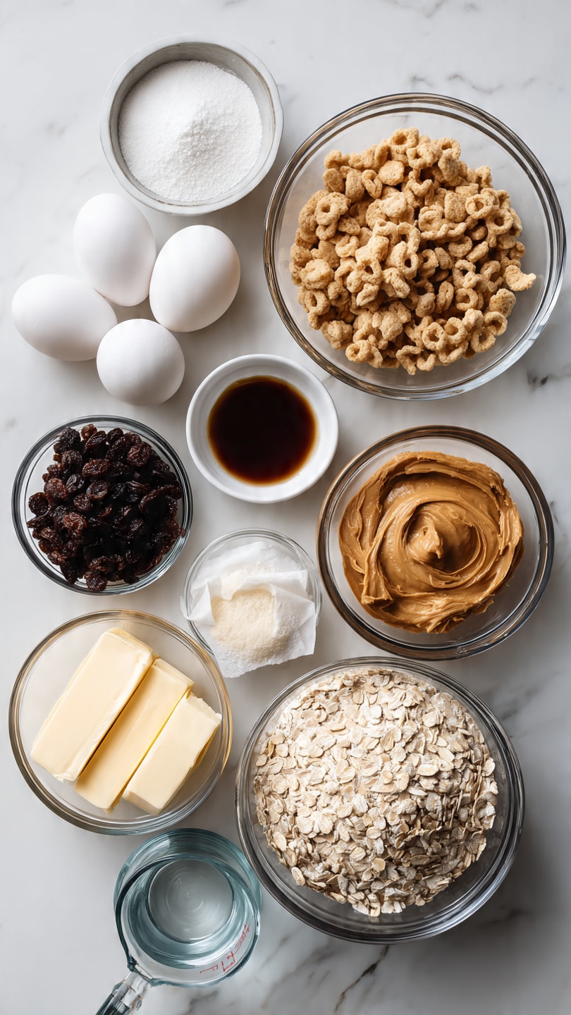 A flat lay of 11 clear glass bowls and a measuring cup arranged on a white marbled surface. The top right bowl holds light brown round cereal pieces. Below and slightly to the right is a bowl packed with light tan rolled oats. To its right is a bowl filled with smooth medium brown peanut butter. Next to that is a small bowl of white granulated sugar. Above the oats is a small glass cup filled with dark brown liquid vanilla. Left to vanilla, a bowl full of dark raisins. On the left side, a bowl with white flour, in front of it two sticks of light yellow butter partially wrapped in white paper. Above the flour is a bowl with two white eggs. Above the eggs is a bowl filled with white granulated sugar. A small clear measuring cup with water sits in front of the oats bowl. Photo taken with an iphone --ar 4:5 --v 7