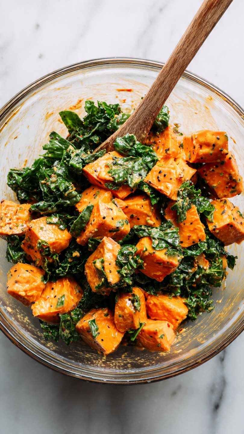 A clear glass bowl filled with a mix of cubed orange sweet potatoes and bright green kale leaves, both slightly coated with an orange sauce, sits on a white marbled surface. The sweet potatoes have a soft texture with small specks of seasoning, and the kale looks tender and slightly wilted. A wooden spoon with a long handle is resting inside the bowl, partially submerged in the mixture. photo taken with an iphone --ar 4:5 --v 7