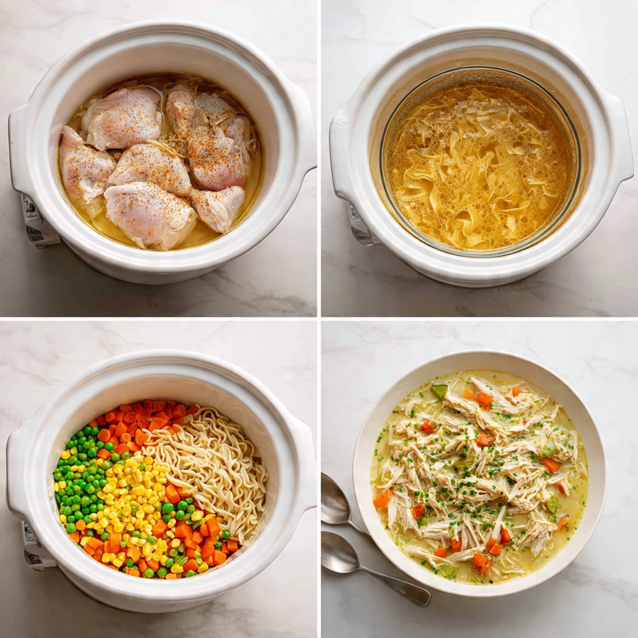 The image shows four steps of making a chicken and vegetable soup in a white slow cooker on a white marbled surface. The first step has two large raw chicken pieces placed flat, lightly seasoned, at the bottom of the slow cooker with a clear glass bowl of mixed vegetables and a pile of uncooked noodles nearby. The next shows the chicken covered by a golden broth, partially hiding the chicken. In the third step, the soup is a mix of broth, bright yellow corn, green peas, orange carrots, and uncooked noodles floating on top inside the cooker, with a white plate of cooked shredded chicken and silver spoons at the side. The last step reveals a thick soup filled with shredded chicken pieces, mixed vegetables, and noodles in a creamy broth, garnished with finely chopped green herbs inside the slow cooker. Photo taken with an iphone --ar 4:5 --v 7