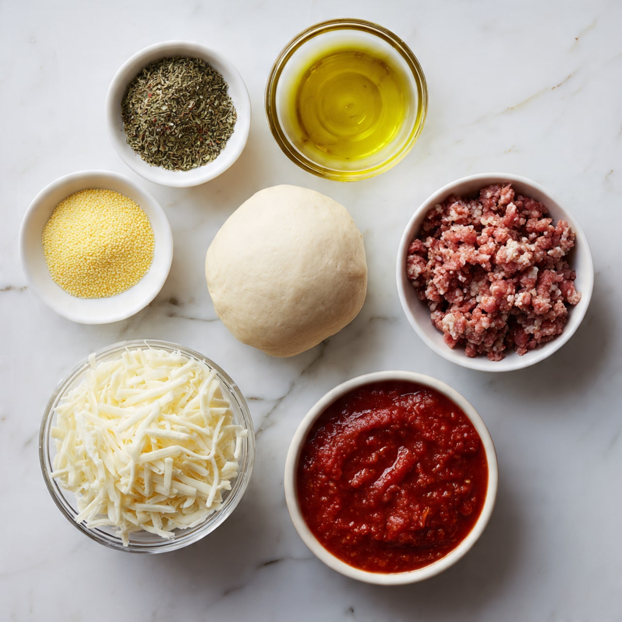A white marbled surface holds six ingredients each in a separate small bowl or placed directly on the surface. At the center top is a smooth ball of light beige dough. To its right is a small clear glass bowl filled with yellow oil. Below the dough is a white bowl with coarse, reddish-brown raw sausage meat. At the bottom left, a clear glass bowl is filled with shredded white cheese. Above it is a white bowl of rich red tomato sauce with visible chunks. At the top left are two small white bowls, one with yellow cornmeal and the other filled with green dried herbs. photo taken with an iphone --ar 4:5 --v 7