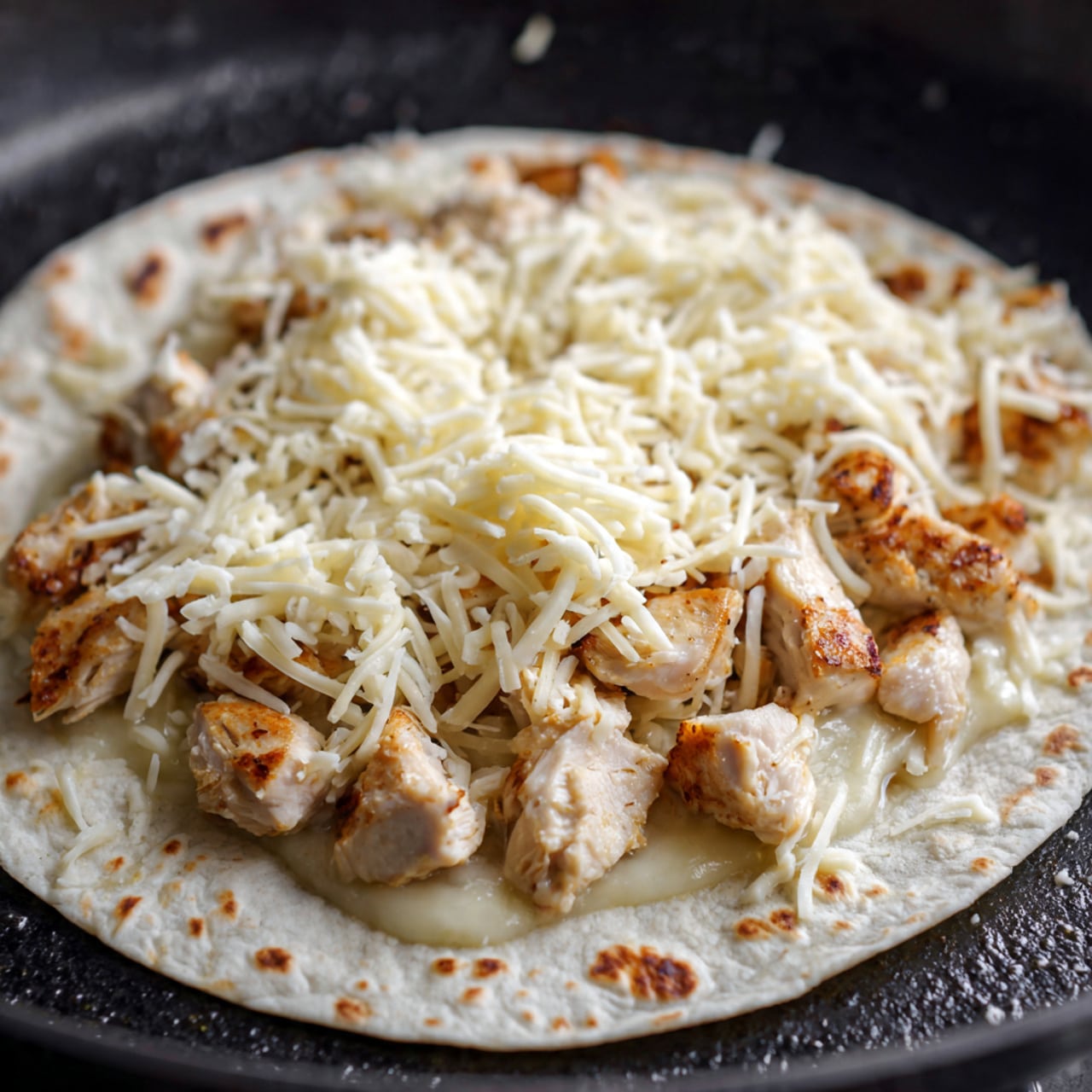 A close-up of an open tortilla with three layers visible, placed flat in a frying pan. The bottom layer is a soft white tortilla, slightly browned on edges. The middle layer shows small, cooked light brown chicken pieces with a hint of sauce soaked into the tortilla. The top layer is a generous pile of shredded white cheese scattered evenly over the chicken, slightly melting at the edges. The background has a soft black texture of the frying pan. photo taken with an iphone --ar 4:5 --v 7