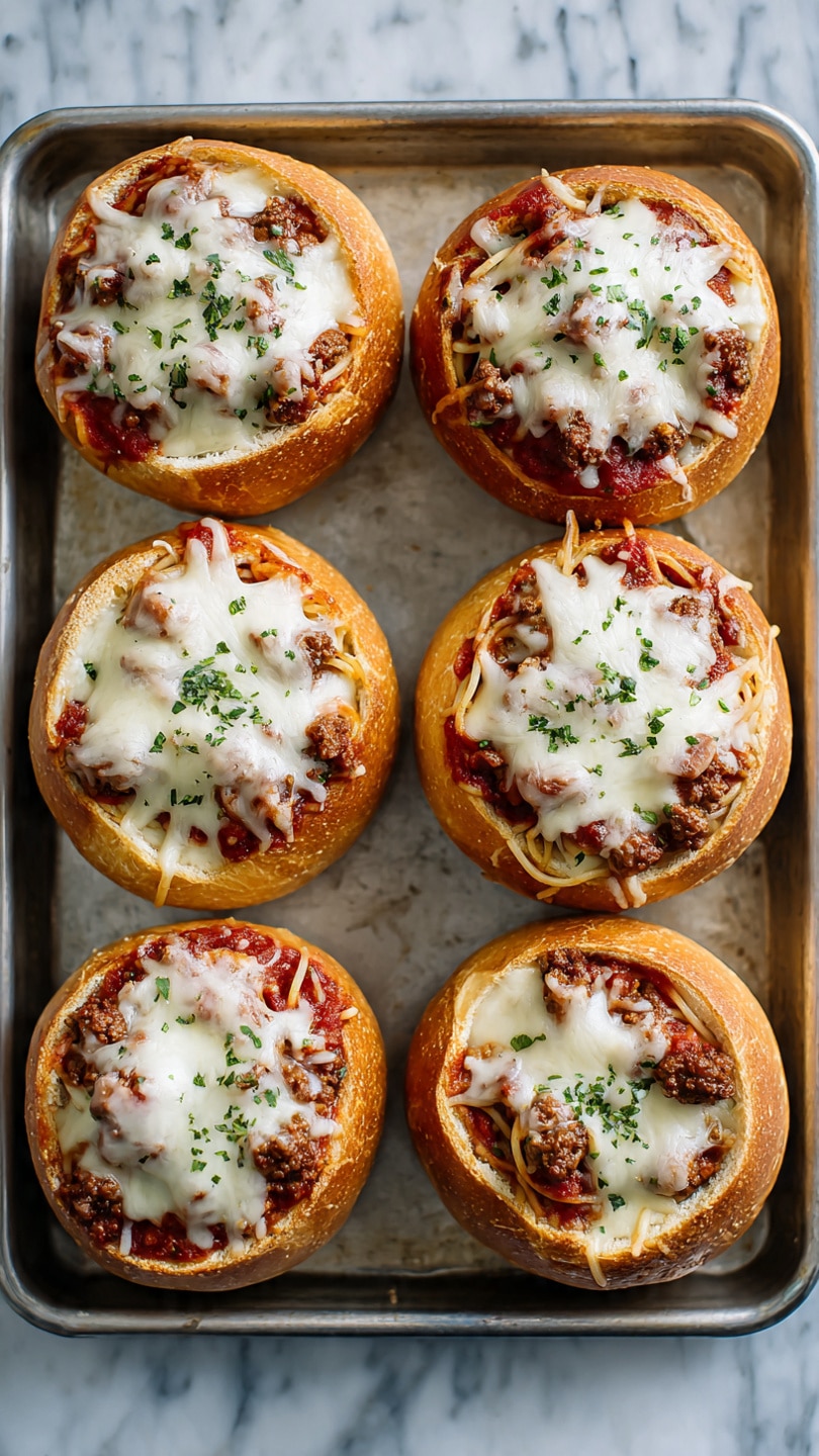 Six round bread bowls sit on a metal baking tray over a white marbled surface. Each bowl is filled with spaghetti mixed in a rich red tomato sauce with small pieces of brown ground meat. On top of the spaghetti is a layer of melted white cheese that looks soft and stretchy. Small green herb bits are sprinkled over each bread bowl and the tray. The bread bowls are golden brown with a slightly crisp texture on the edges. photo taken with an iphone --ar 4:5 --v 7