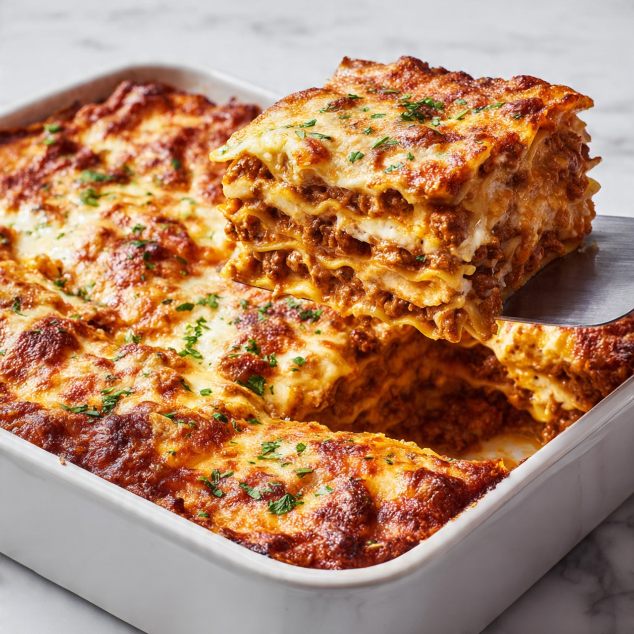 The image shows a white casserole dish filled with neatly layered baked pasta. The dish features several layers of cooked pasta sheets and a rich, chunky meat sauce mixed with melted orange cheese on top, creating a slightly crispy and golden brown texture. Small green herb pieces are sprinkled on the surface for color contrast. A metal spatula is lifting a thick, square slice of the pasta, revealing its layers, soft edges, and a mix of sauce and cheese on the sides. All is set on a white marbled surface. Photo taken with an iphone --ar 4:5 --v 7